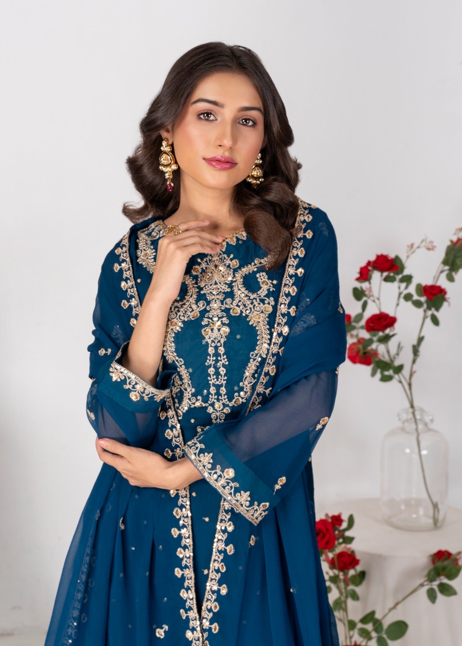 Teal Embroidered Chiffon Kurta Set (3-Piece) - Image 3