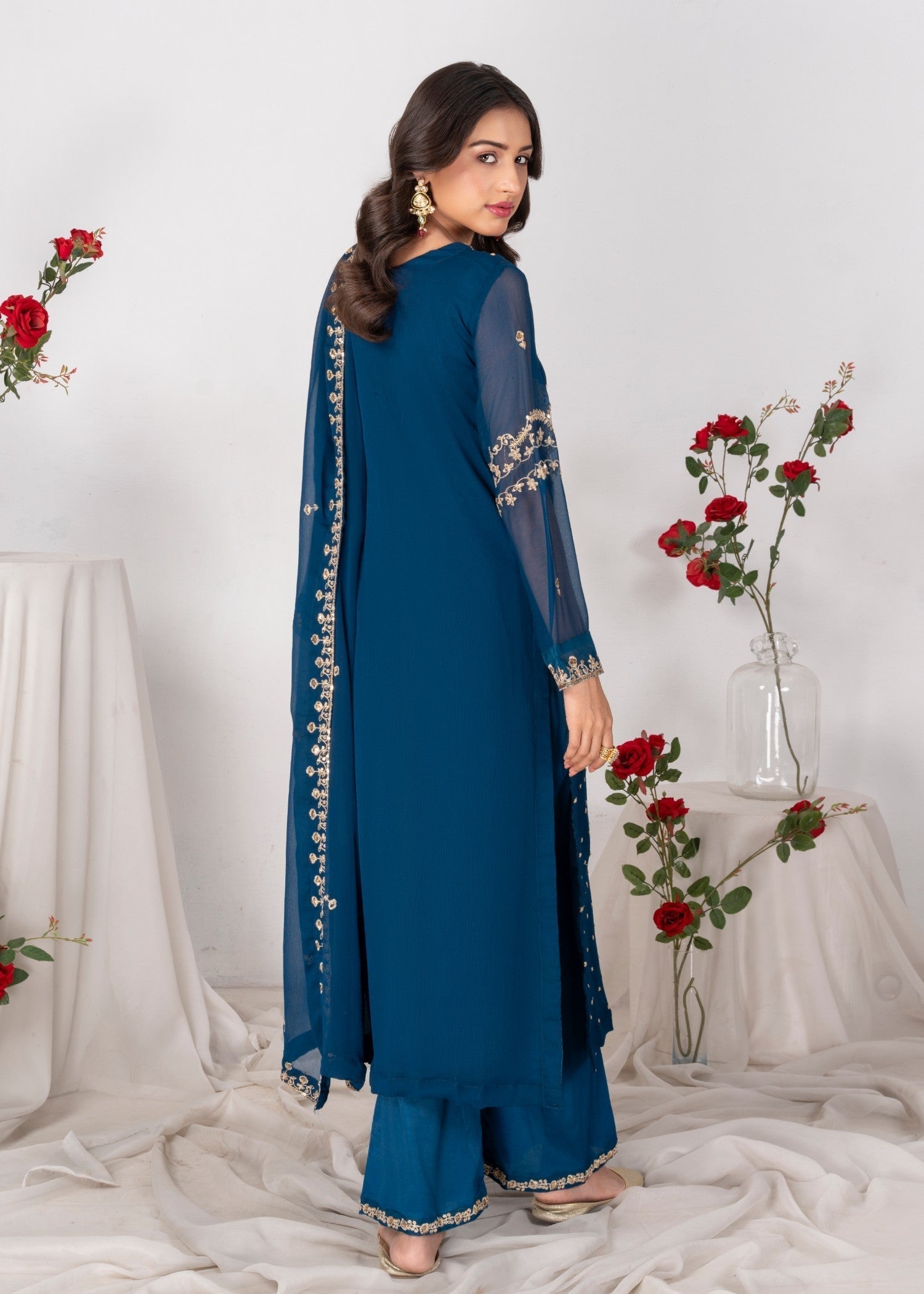Teal Embroidered Chiffon Kurta Set (3-Piece) - Image 4