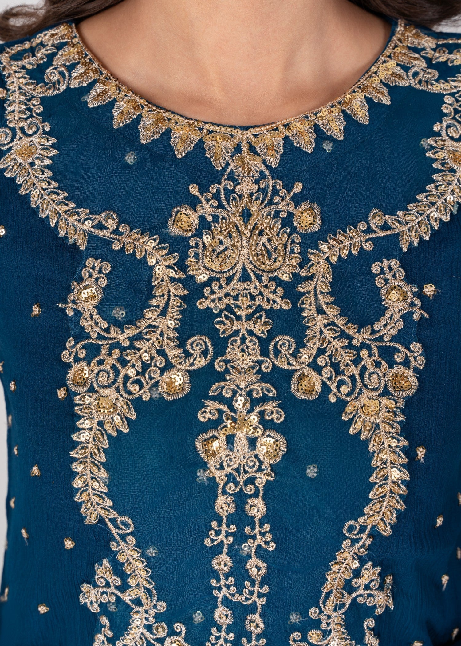 Teal Embroidered Chiffon Kurta Set (3-Piece) - Image 5