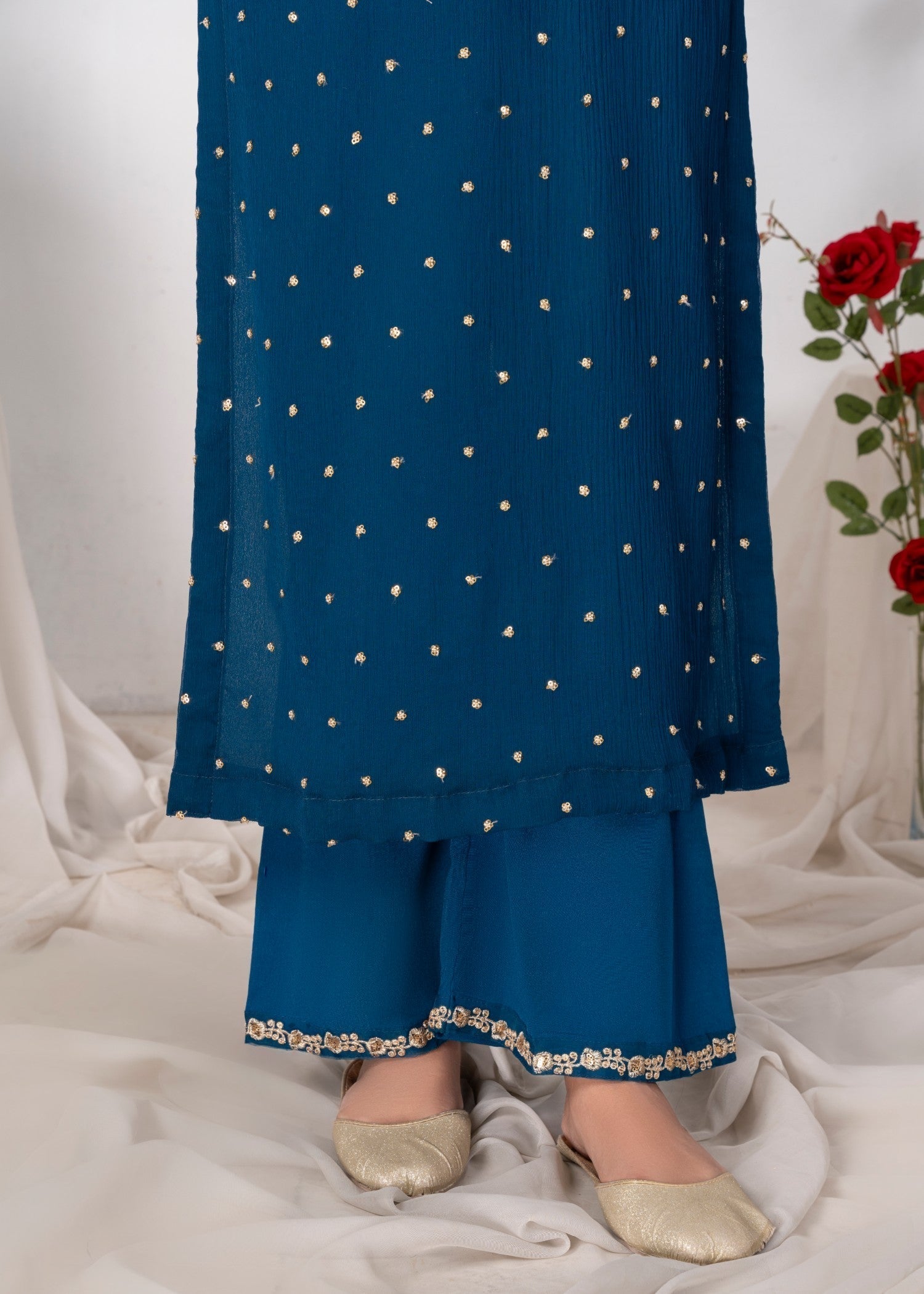 Teal Embroidered Chiffon Kurta Set (3-Piece) - Image 6