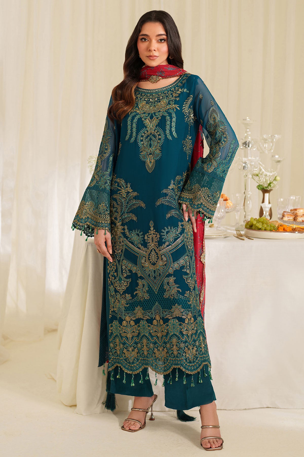 Pakistani Teal Embroidered Chiffon Salwar Kameez (3-Piece) - Image 1