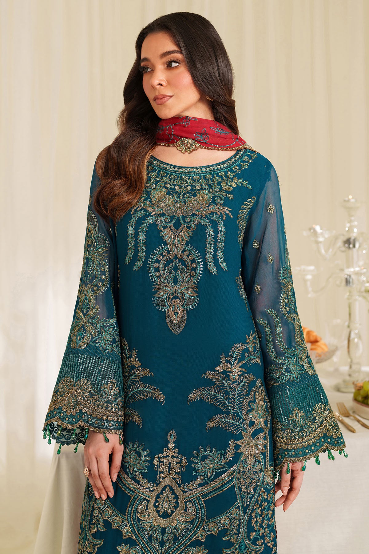 Pakistani Teal Embroidered Chiffon Salwar Kameez (3-Piece) - Image 2