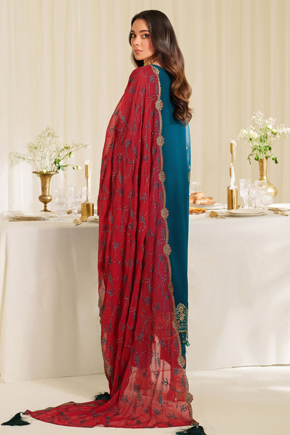 Pakistani Teal Embroidered Chiffon Salwar Kameez (3-Piece) - Image 3