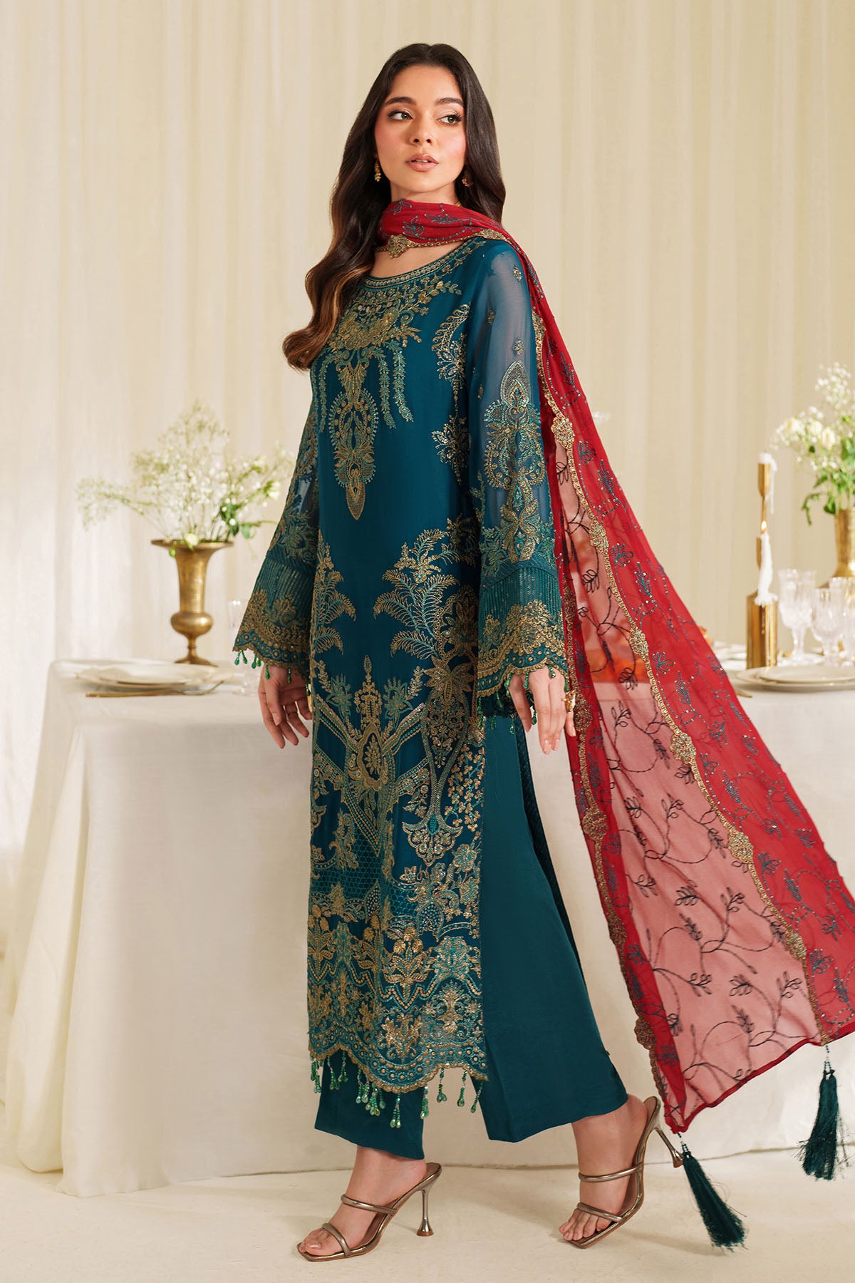Pakistani Teal Embroidered Chiffon Salwar Kameez (3-Piece) - Image 4