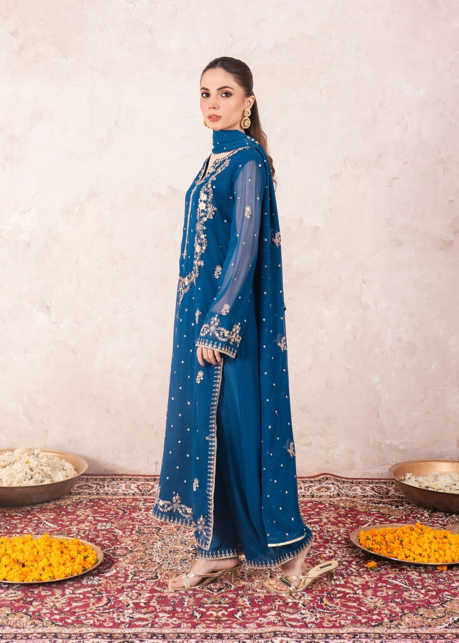 Pakistani Teal Embroidered Chiffon Kurta Set (3-Piece) - Image 2