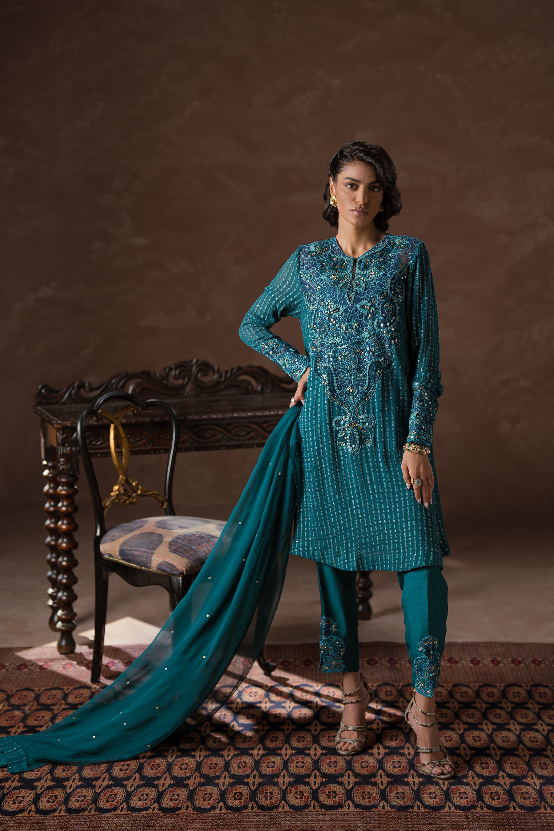 Teal Embroidered Chiffon Salwar Kameez (3-Piece) - Image 1