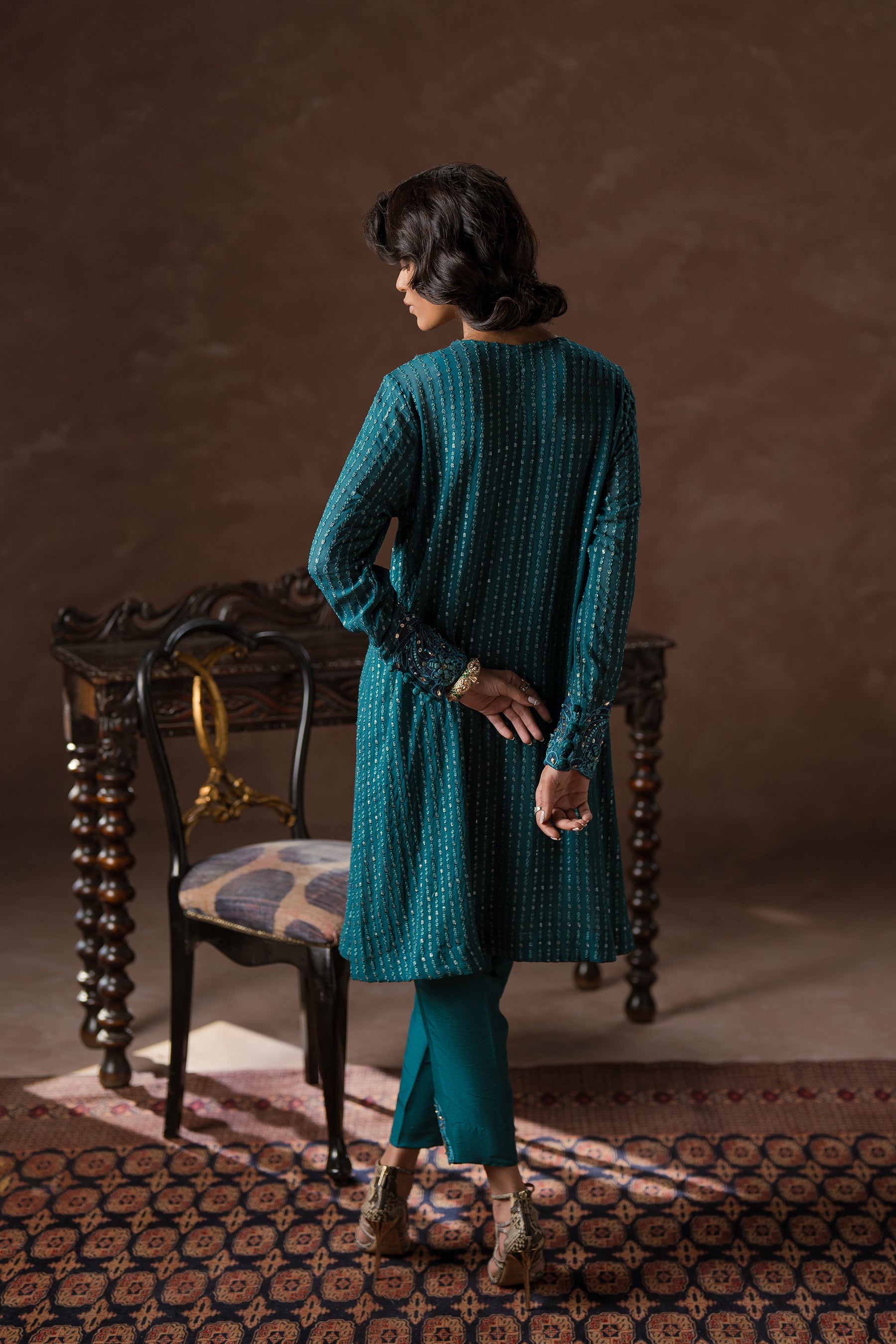 Teal Embroidered Chiffon Salwar Kameez (3-Piece) - Image 3