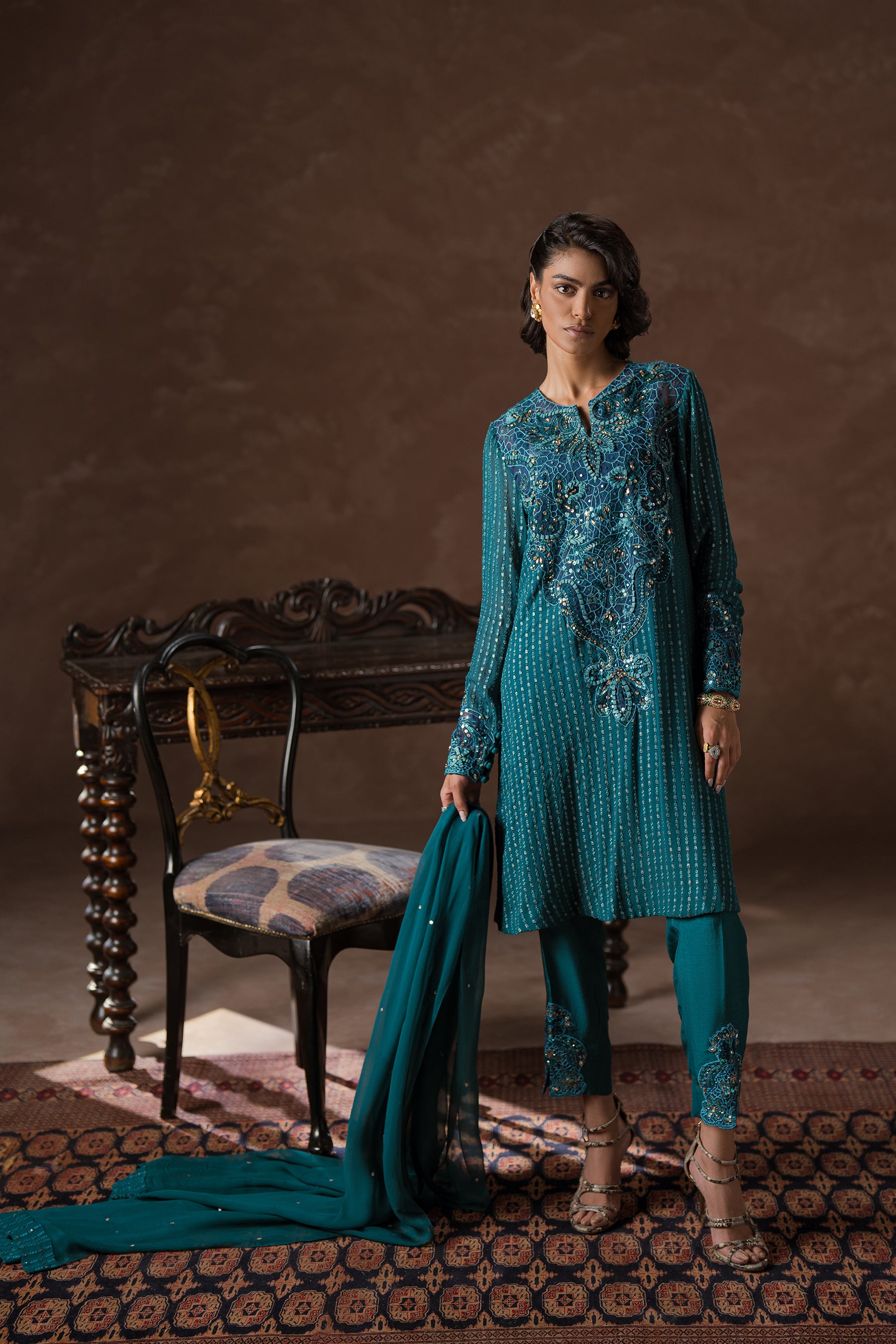 Teal Embroidered Chiffon Salwar Kameez (3-Piece) - Image 4