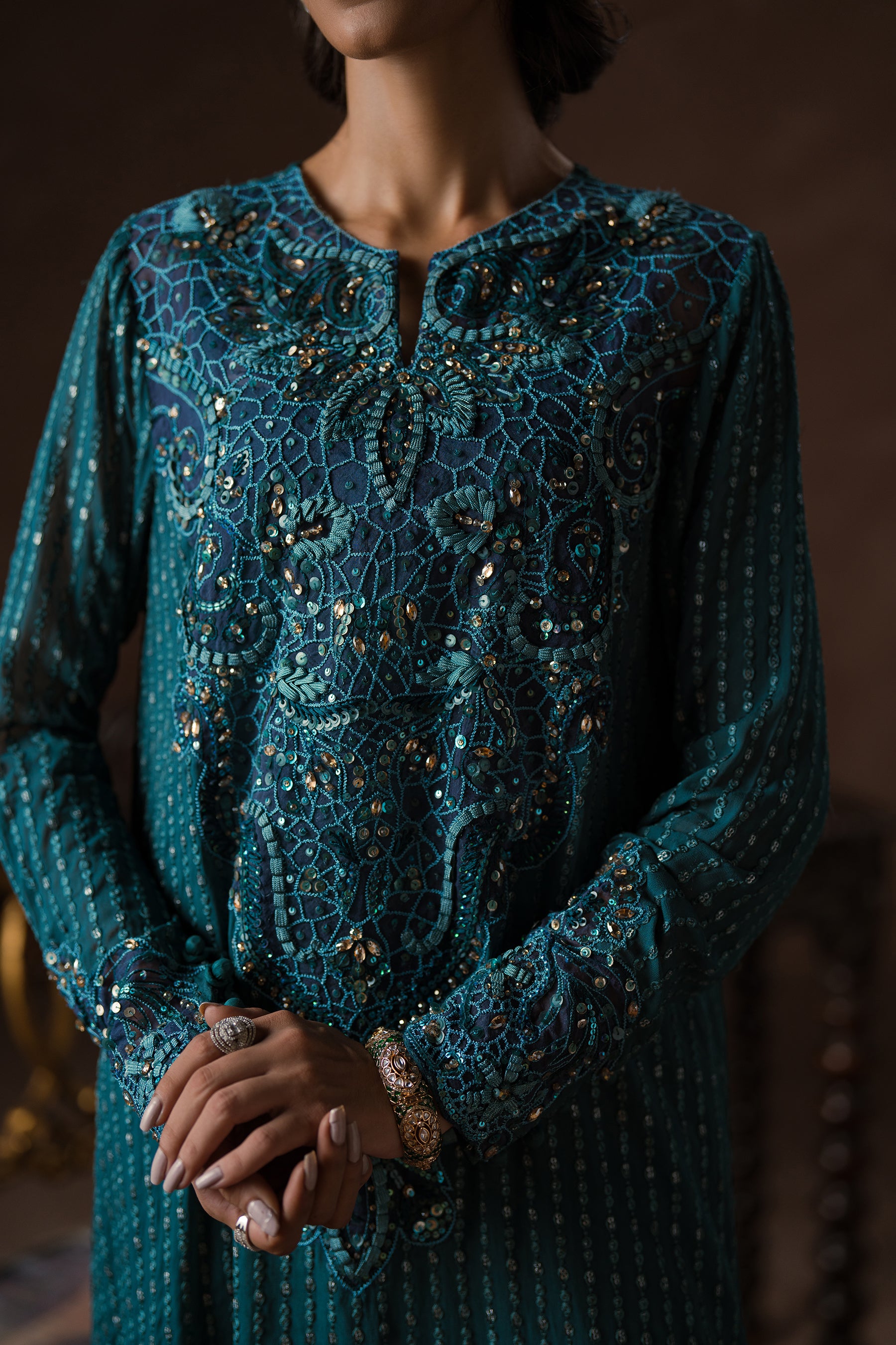 Pakistani Teal Embroidered Chiffon Salwar Kameez (3-Piece) - Image 2