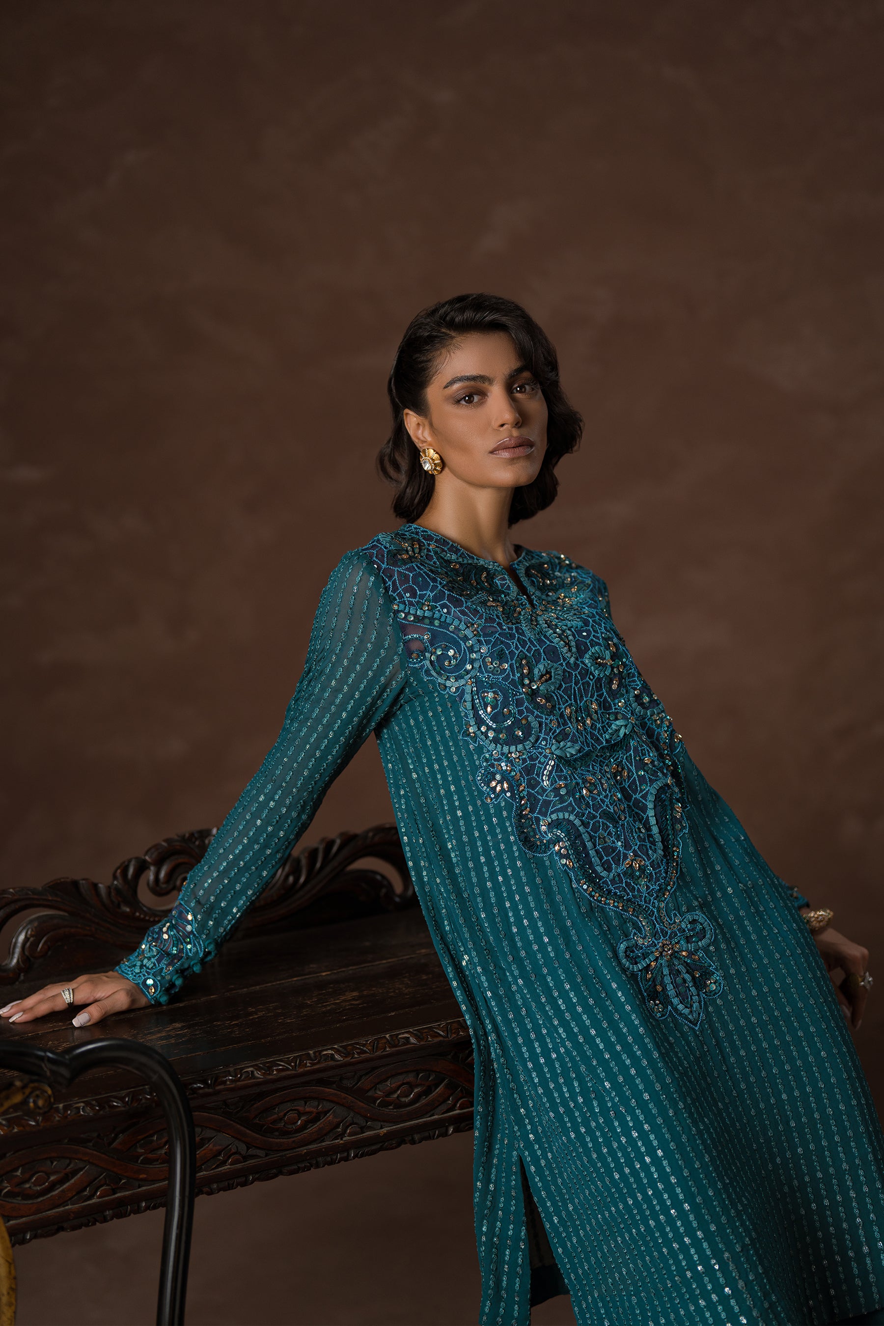 Pakistani Teal Embroidered Chiffon Kaftan Set (3-Piece) - Image 5