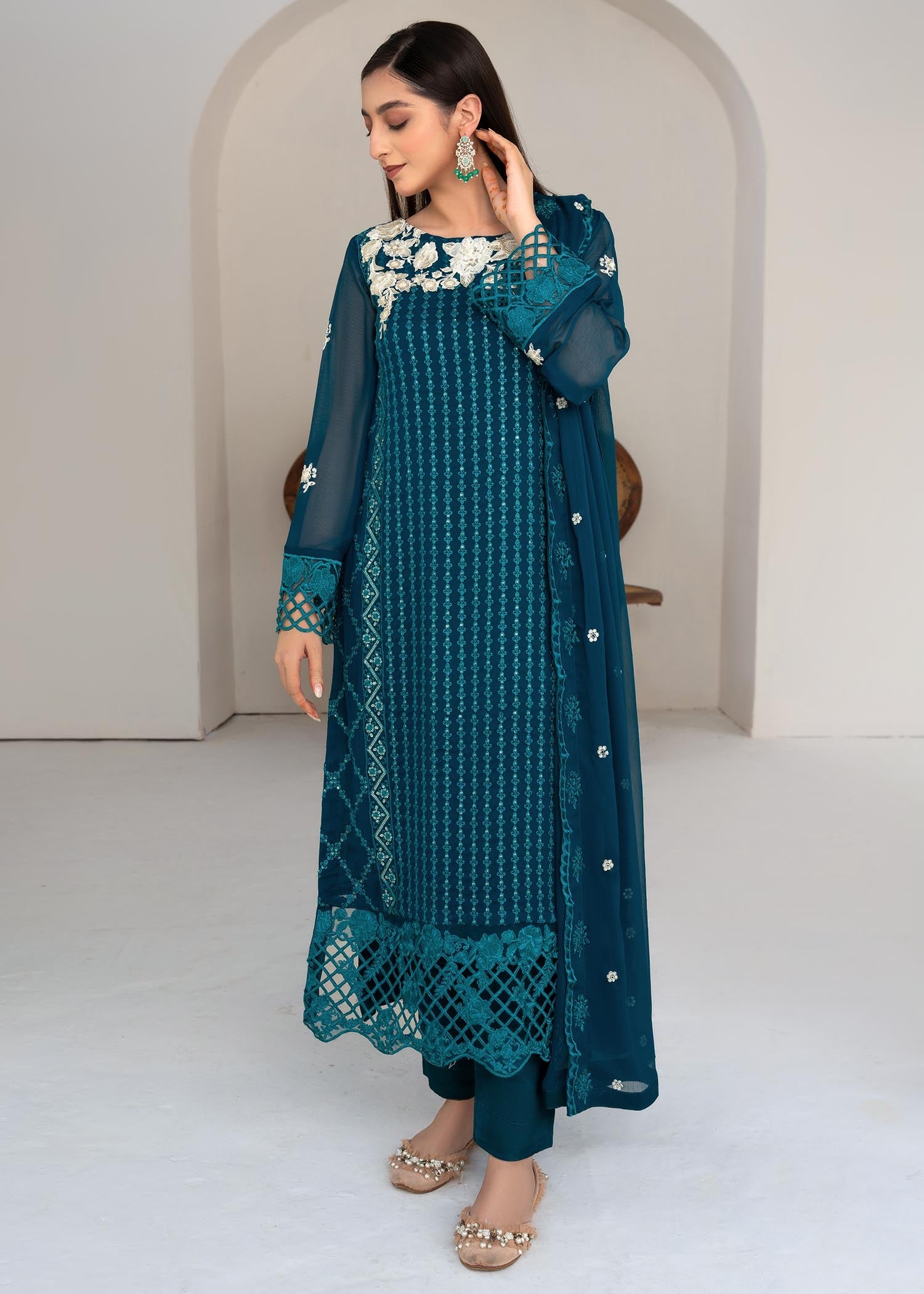 Pakistani Teal Embroidered Chiffon Salwar Kameez (3-Piece) - Image 1