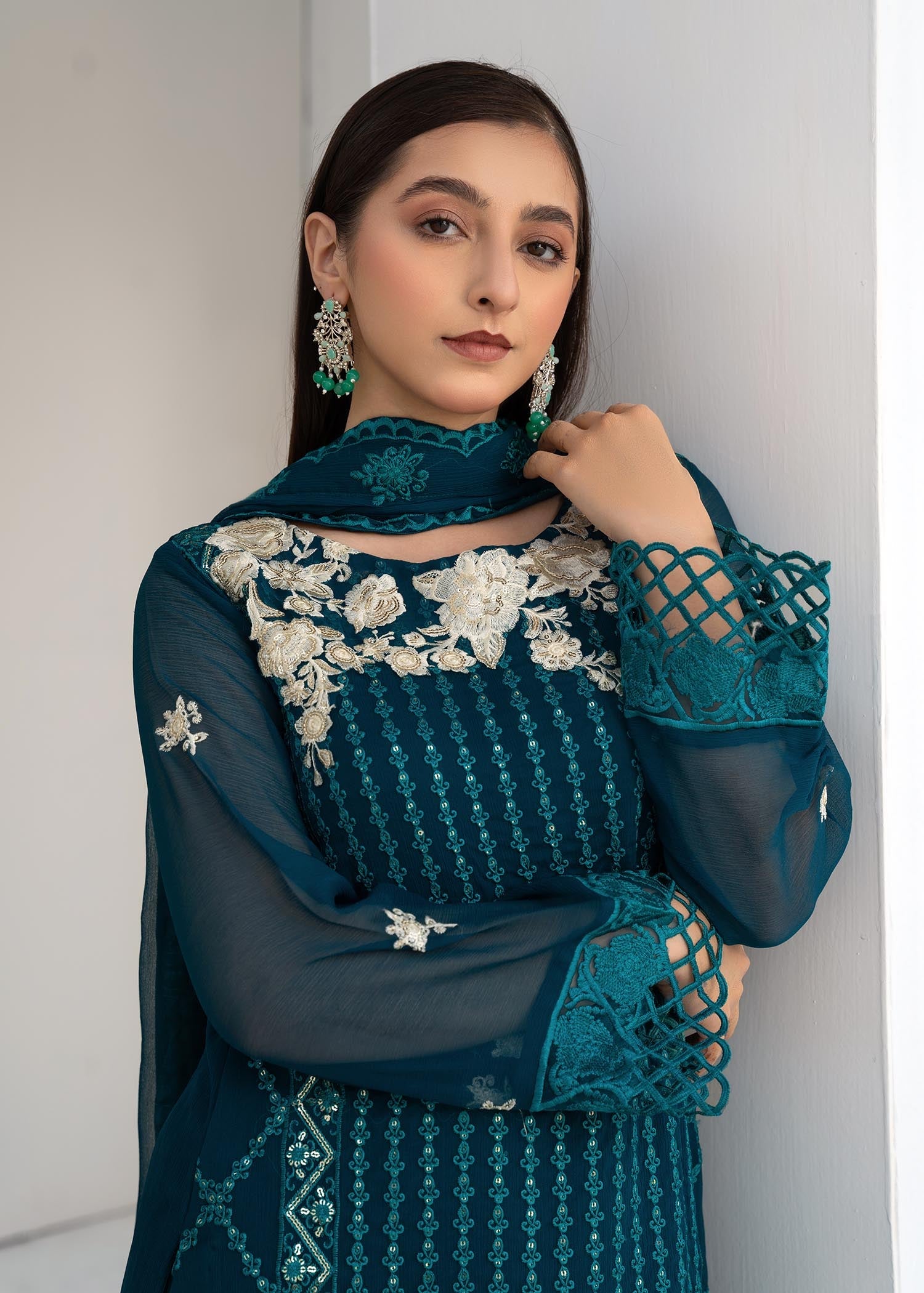 Pakistani Teal Embroidered Chiffon Salwar Kameez (3-Piece) - Image 2