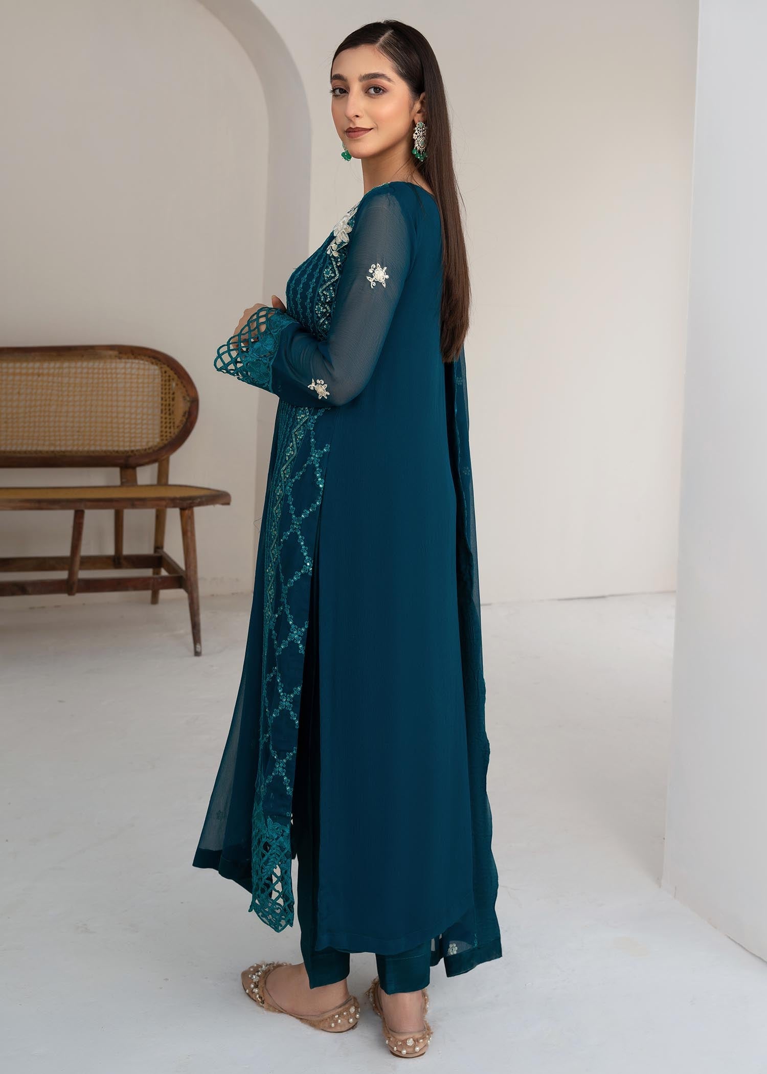 Pakistani Teal Embroidered Chiffon Salwar Kameez (3-Piece) - Image 3