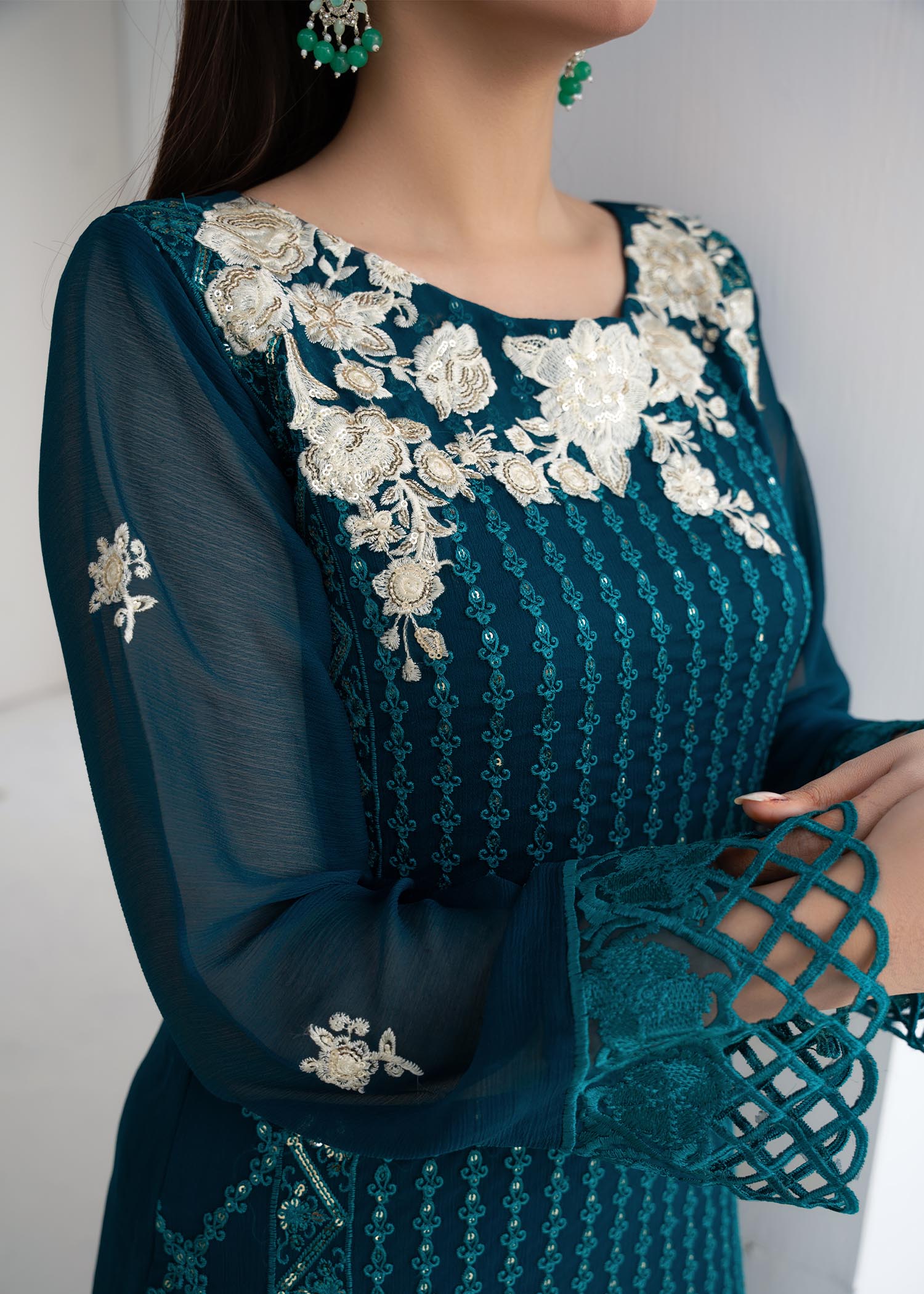Pakistani Teal Embroidered Chiffon Salwar Kameez (3-Piece) - Image 4