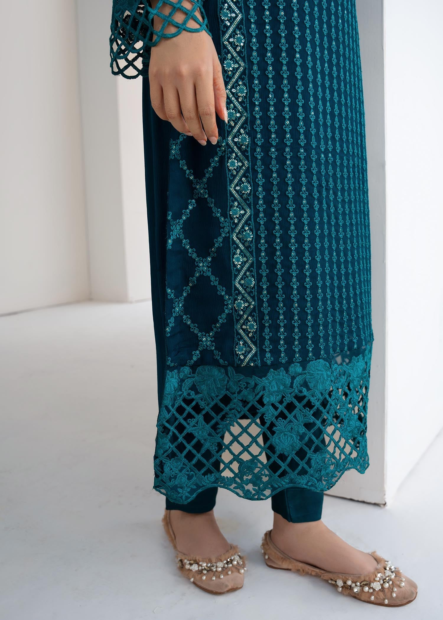 Pakistani Teal Embroidered Chiffon Salwar Kameez (3-Piece) - Image 5