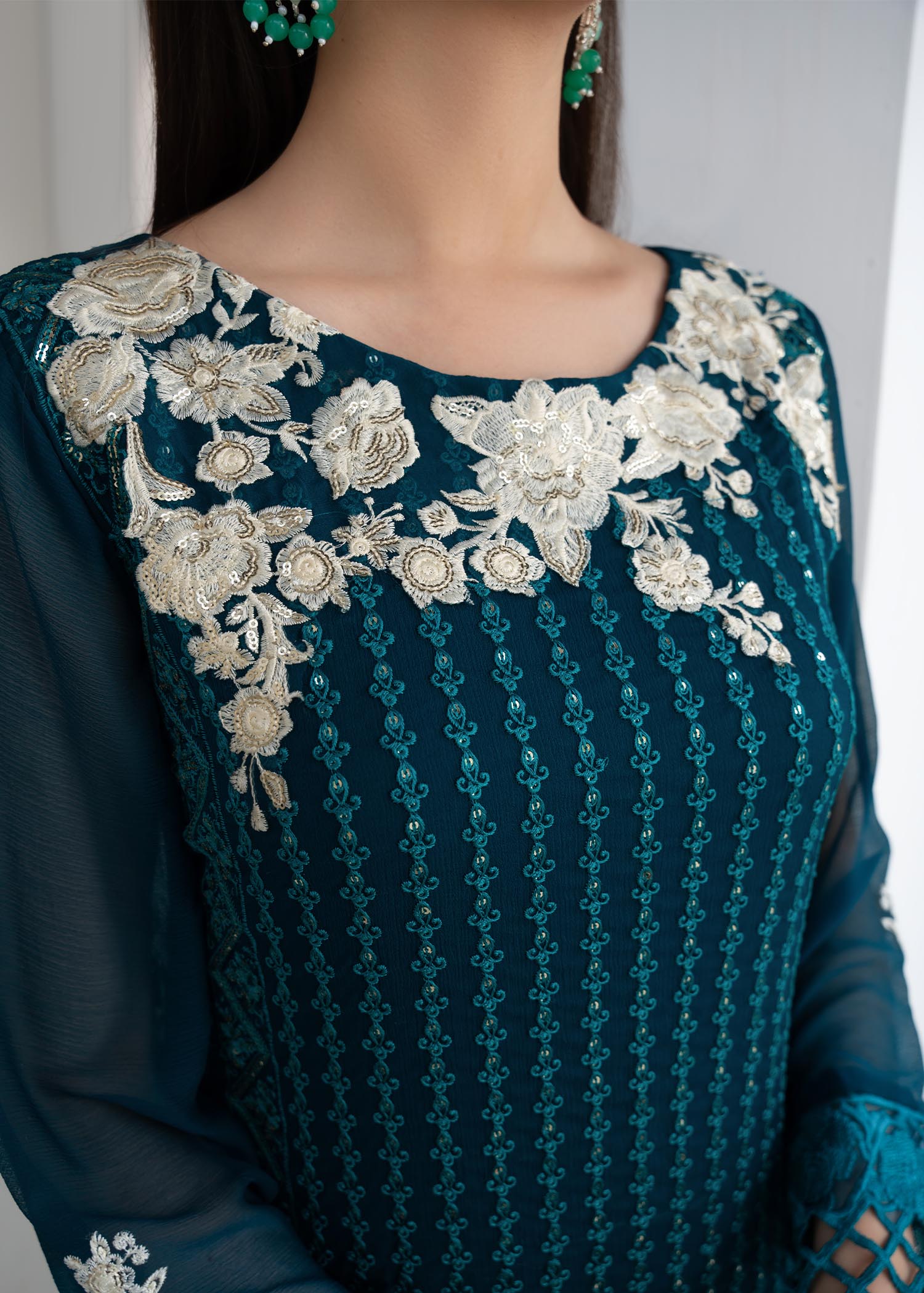 Pakistani Teal Embroidered Chiffon Salwar Kameez (3-Piece) - Image 6