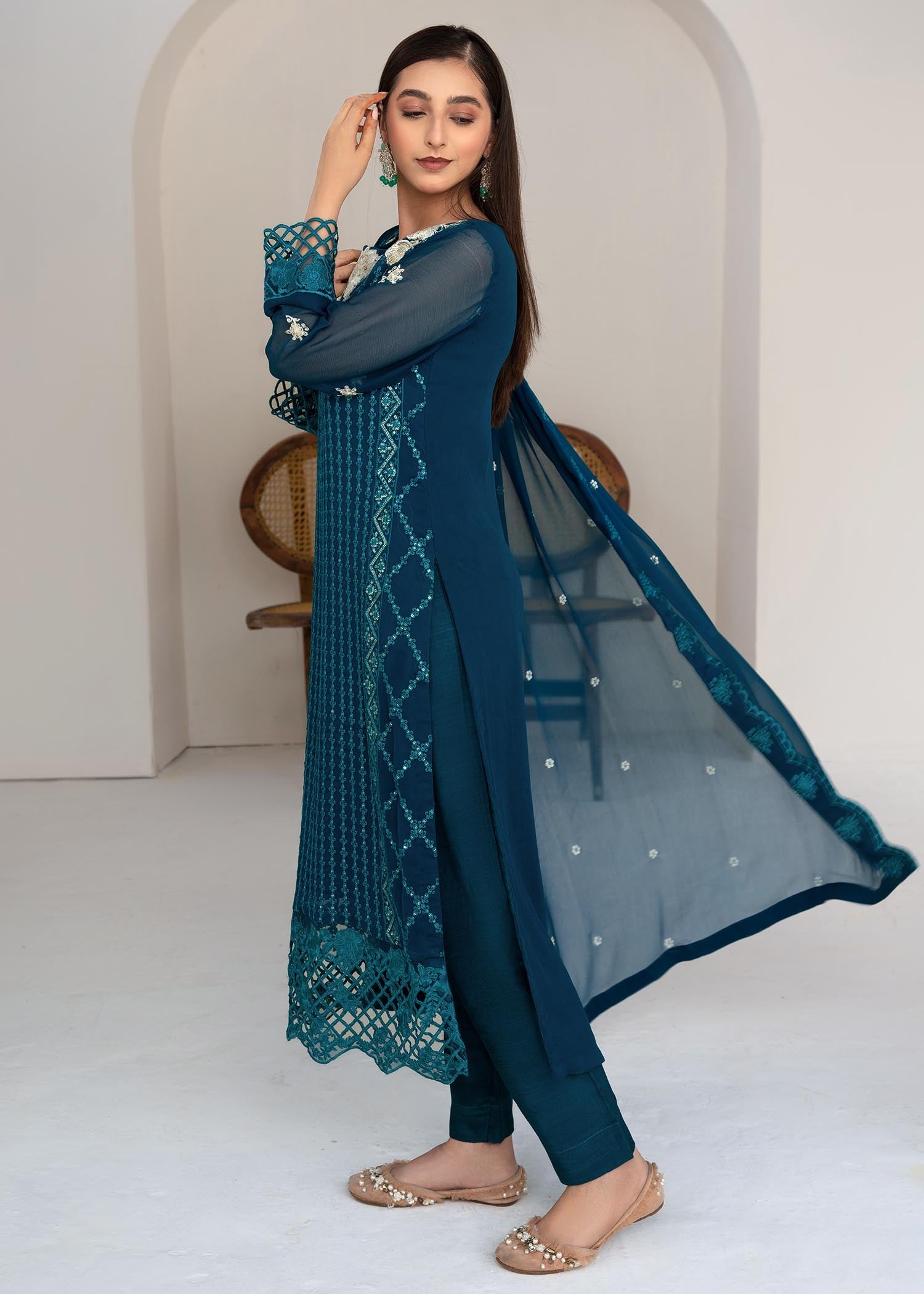 Pakistani Teal Embroidered Chiffon Salwar Kameez (3-Piece) - Image 7