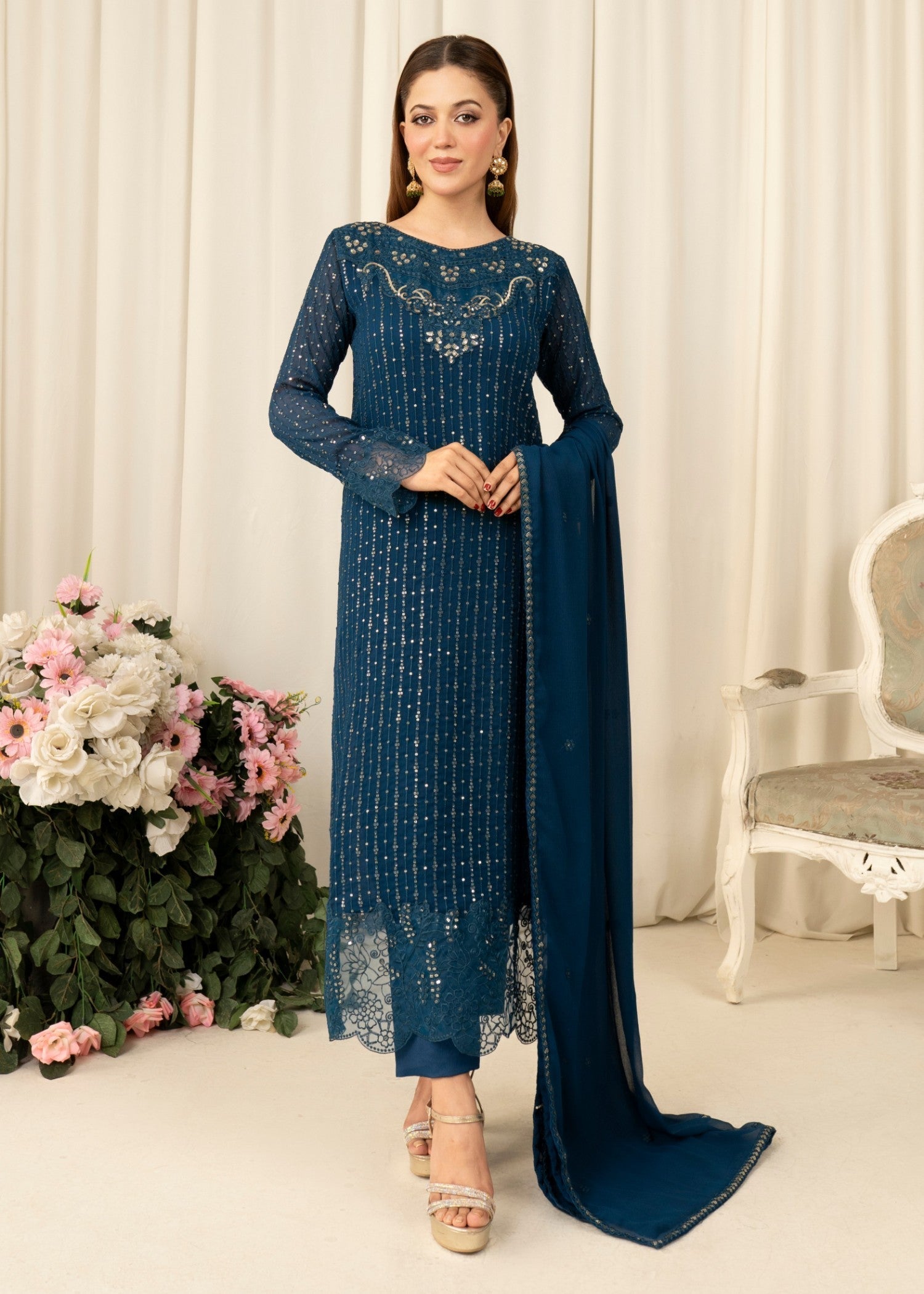 Teal Embroidered Chiffon Kurta Set (3-Piece) - Image 1