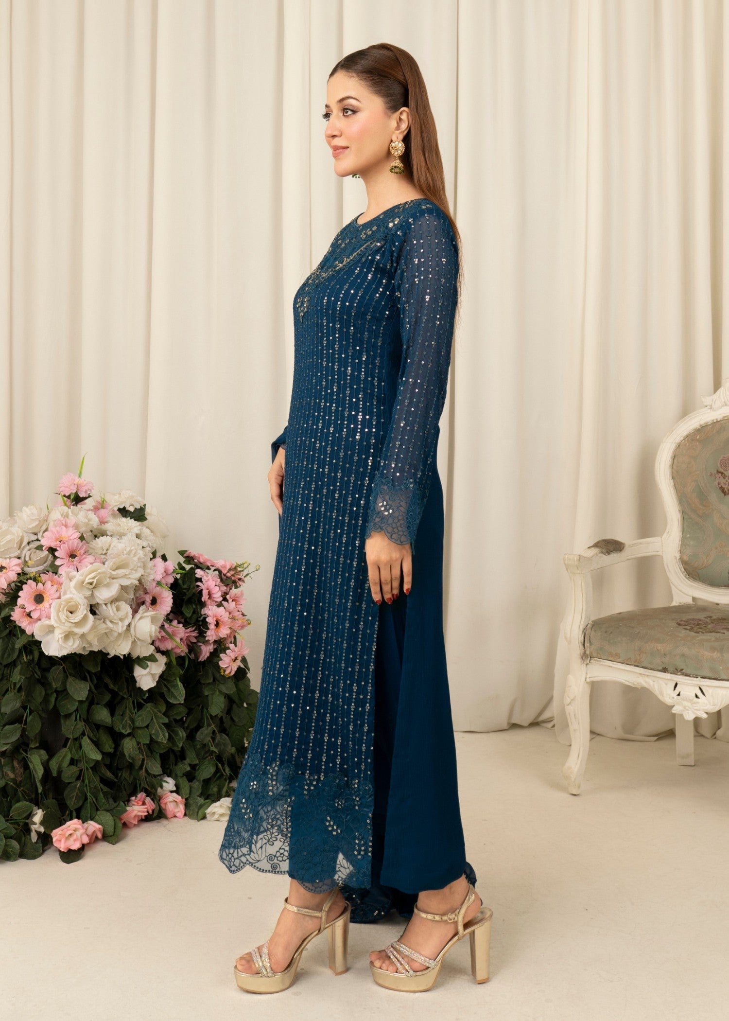 Teal Embroidered Chiffon Kurta Set (3-Piece) - Image 2