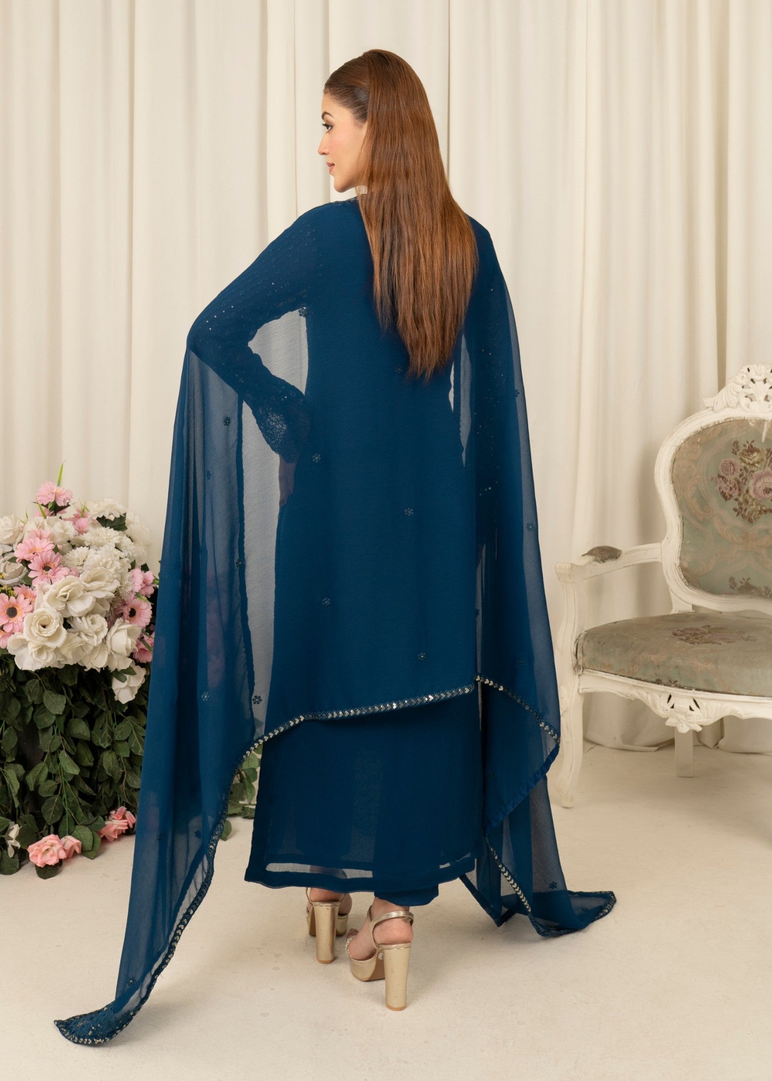 Teal Embroidered Chiffon Kurta Set (3-Piece) - Image 3