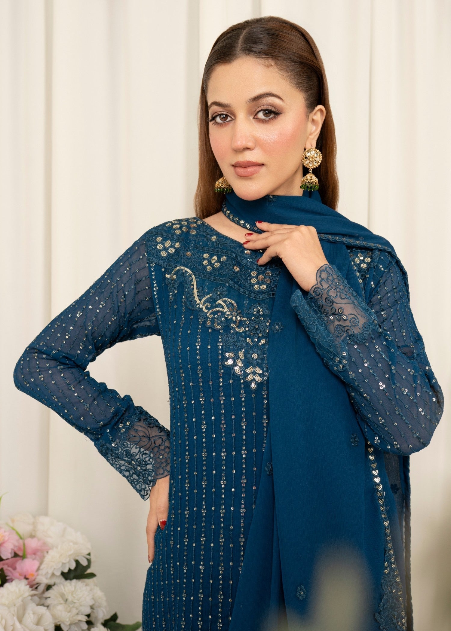 Teal Embroidered Chiffon Kurta Set (3-Piece) - Image 4