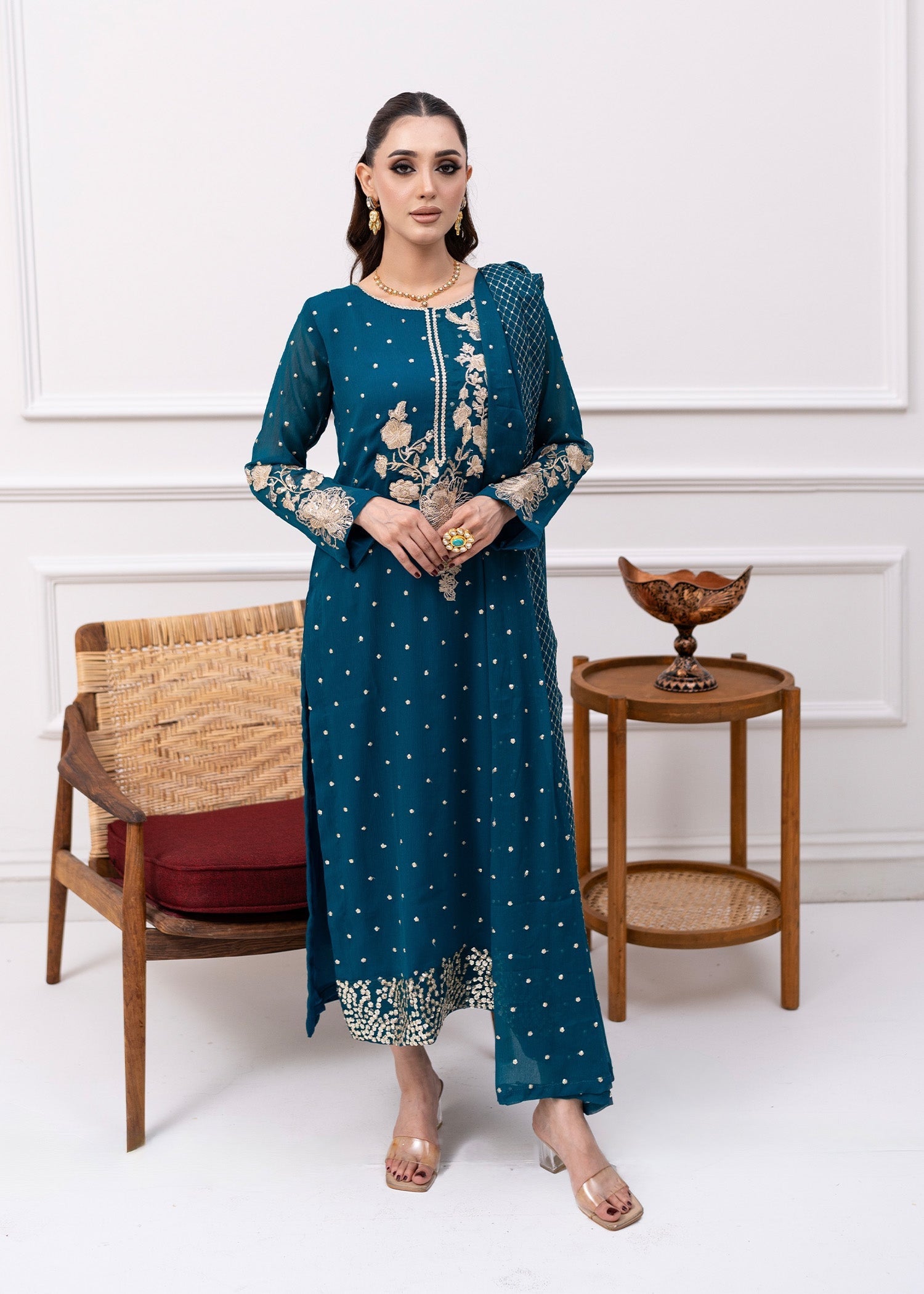 Pakistani Teal Embroidered Chiffon Kurta Set (3-Piece) - Image 1