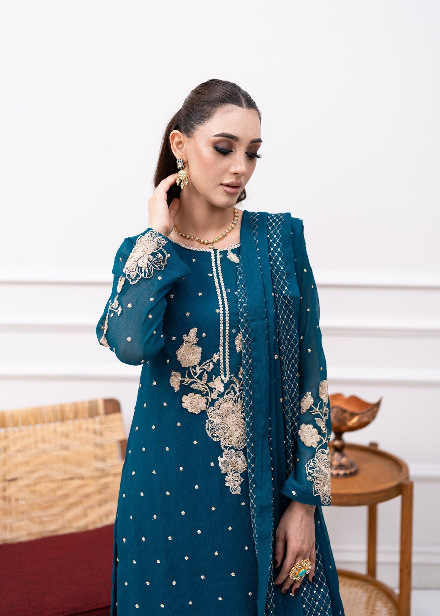 Pakistani Teal Embroidered Chiffon Kurta Set (3-Piece) - Image 2