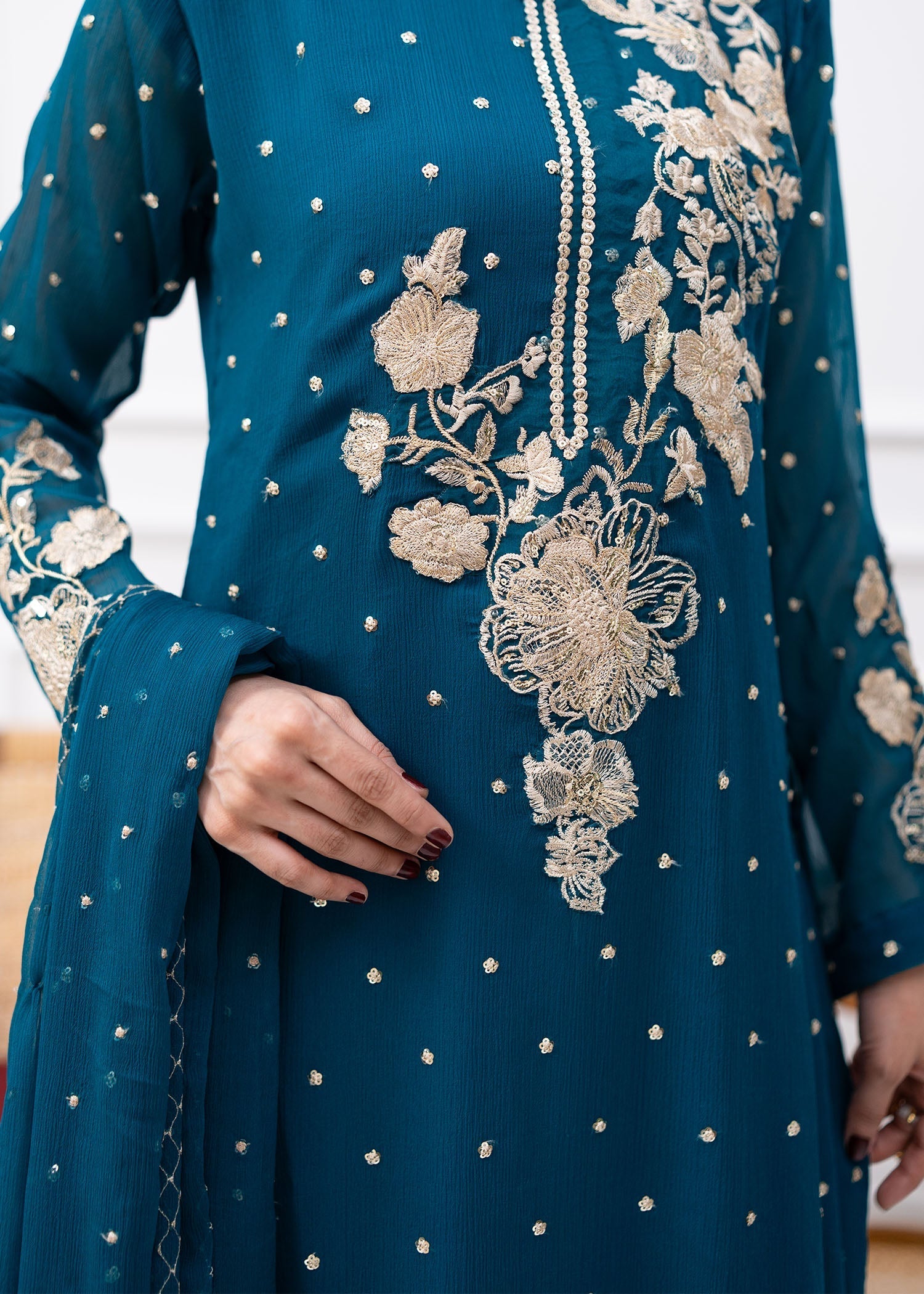 Pakistani Teal Embroidered Chiffon Kurta Set (3-Piece) - Image 3