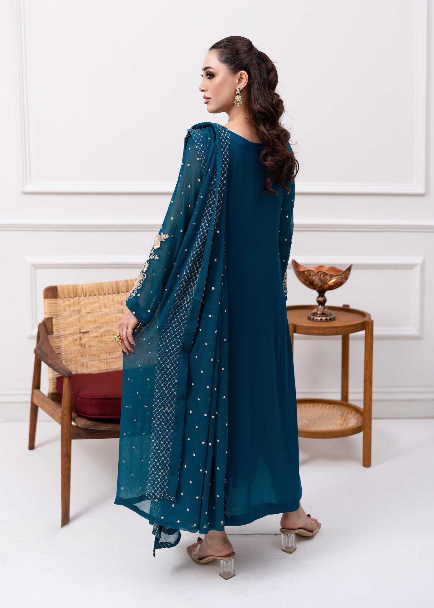 Pakistani Teal Embroidered Chiffon Kurta Set (3-Piece) - Image 5