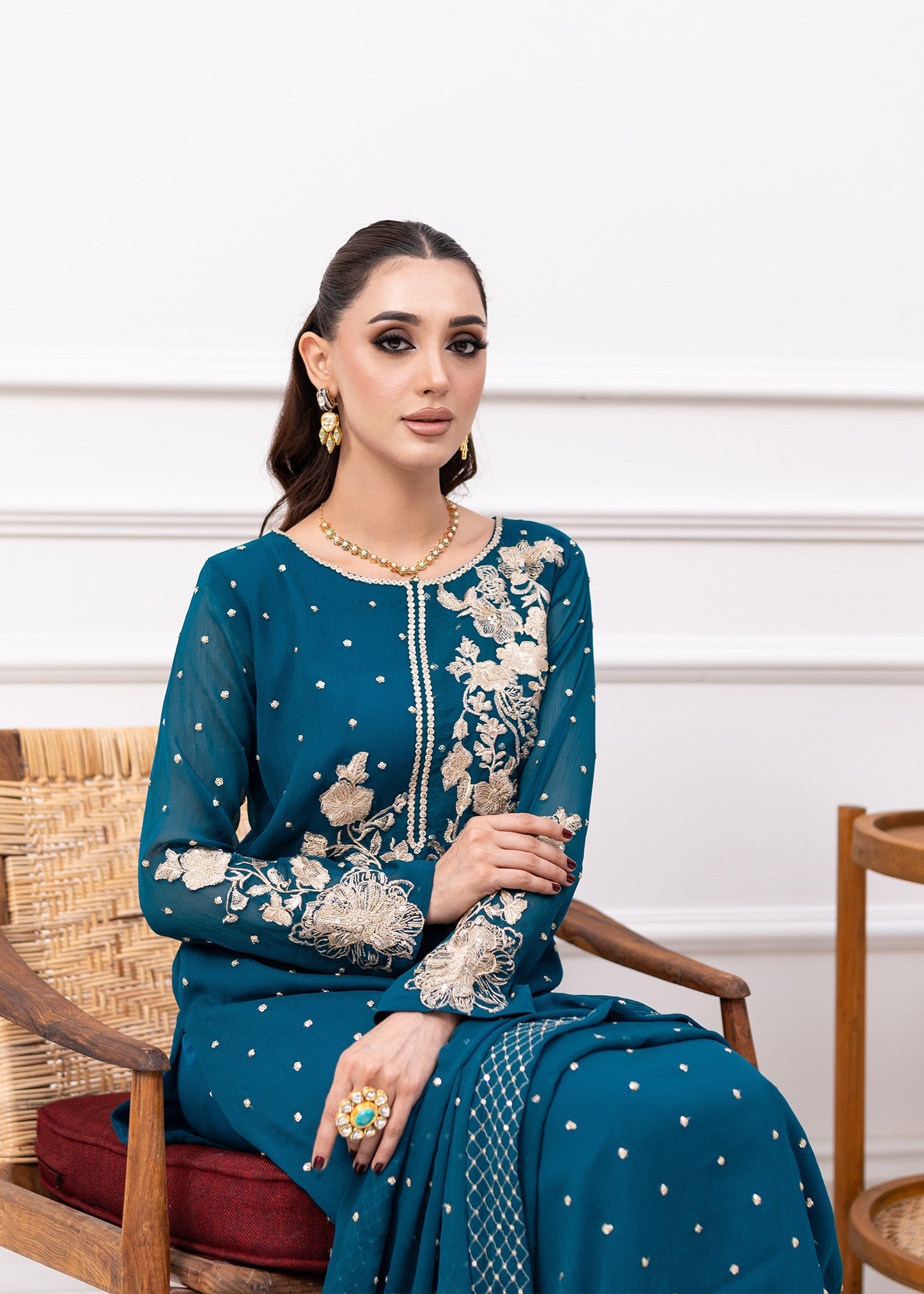 Pakistani Teal Embroidered Chiffon Kurta Set (3-Piece) - Image 6