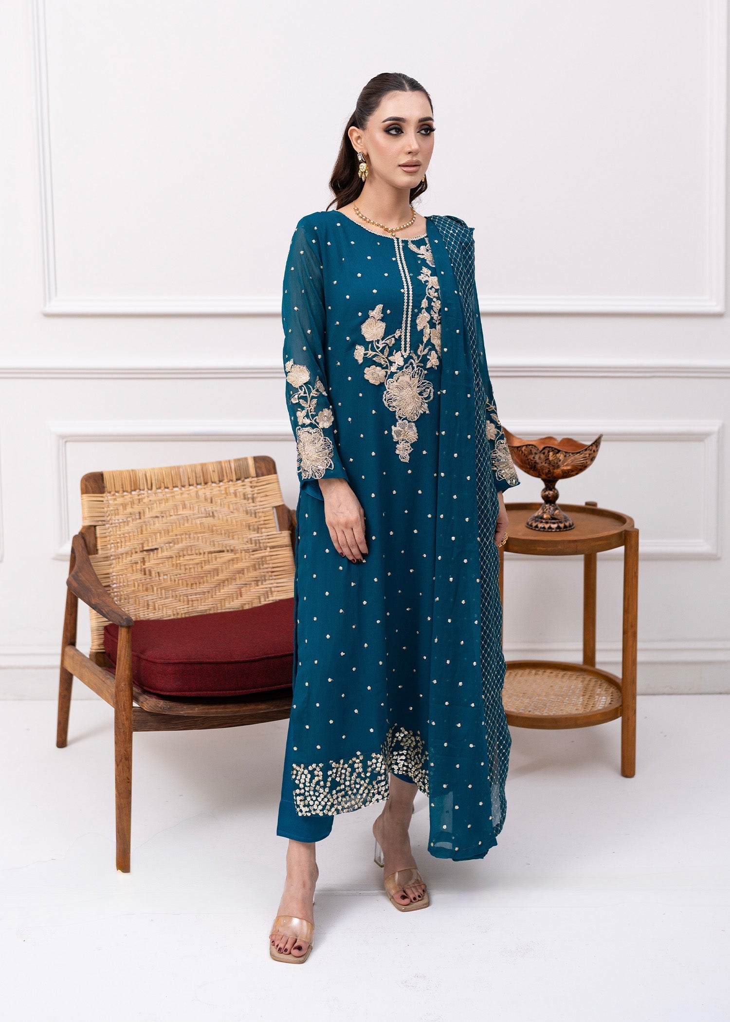Pakistani Teal Embroidered Chiffon Kurta Set (3-Piece) - Image 7