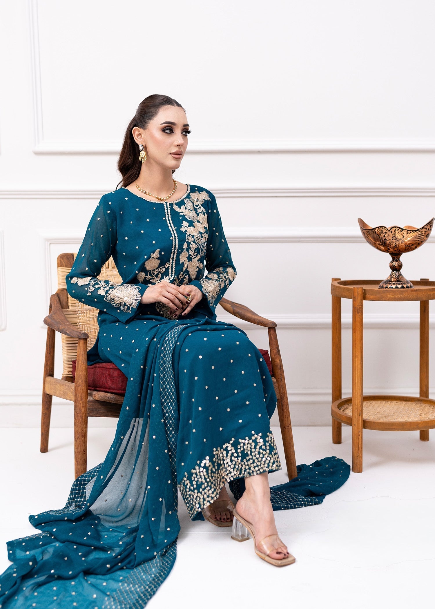 Pakistani Teal Embroidered Chiffon Kurta Set (3-Piece) - Image 8