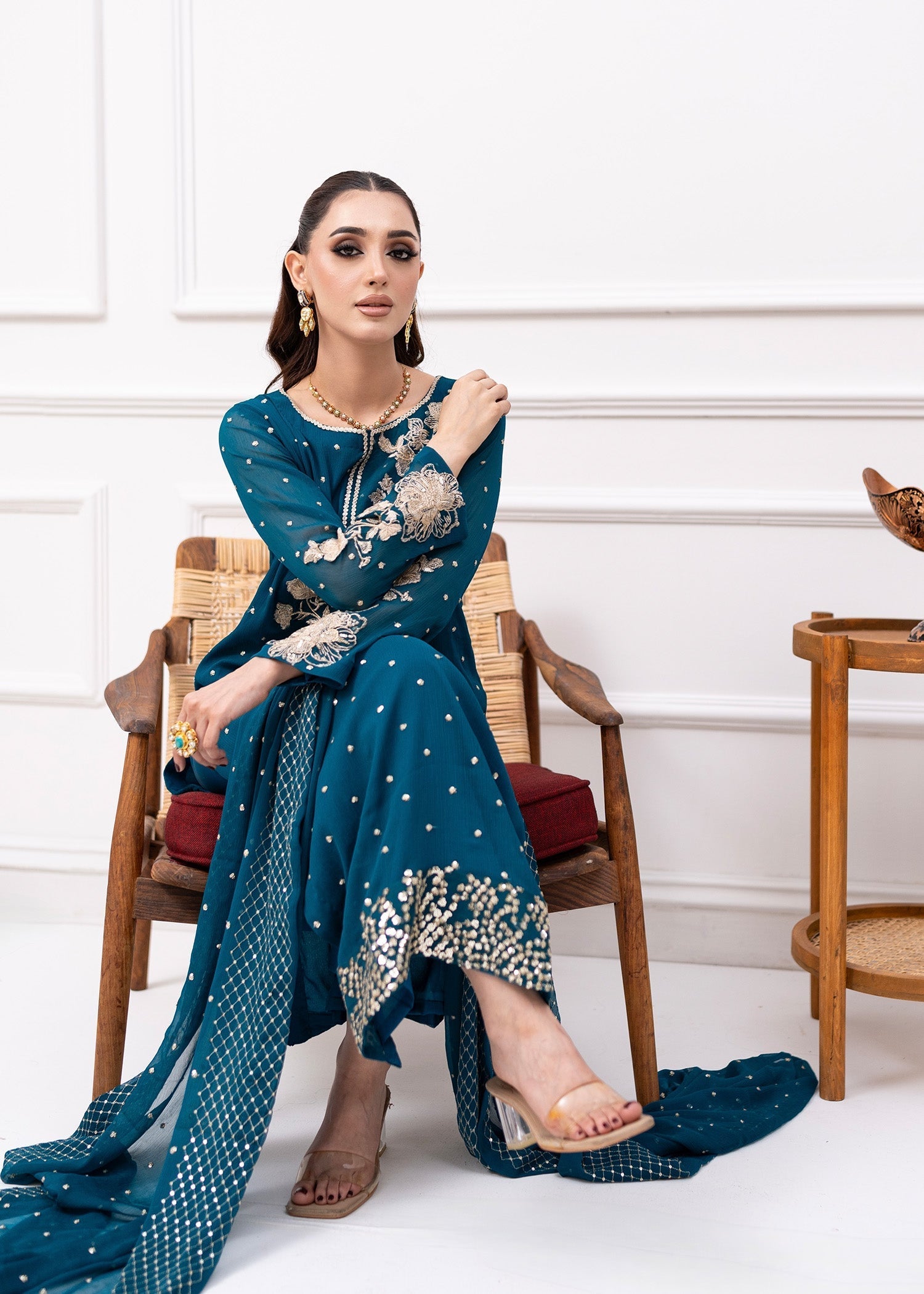 Pakistani Teal Embroidered Chiffon Kurta Set (3-Piece) - Image 9