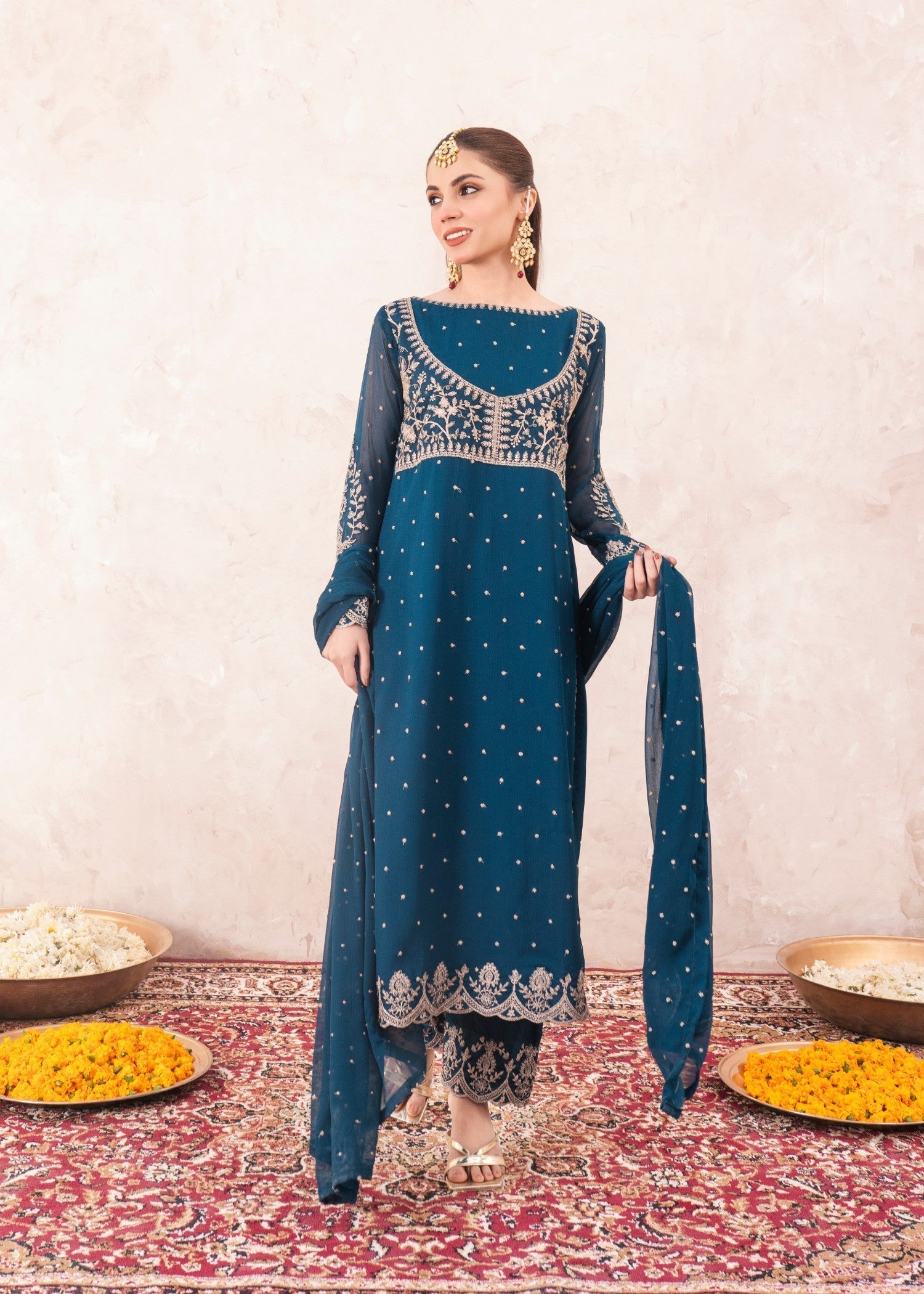 Teal Embroidered Chiffon Kurta Set (3-Piece) - Image 1