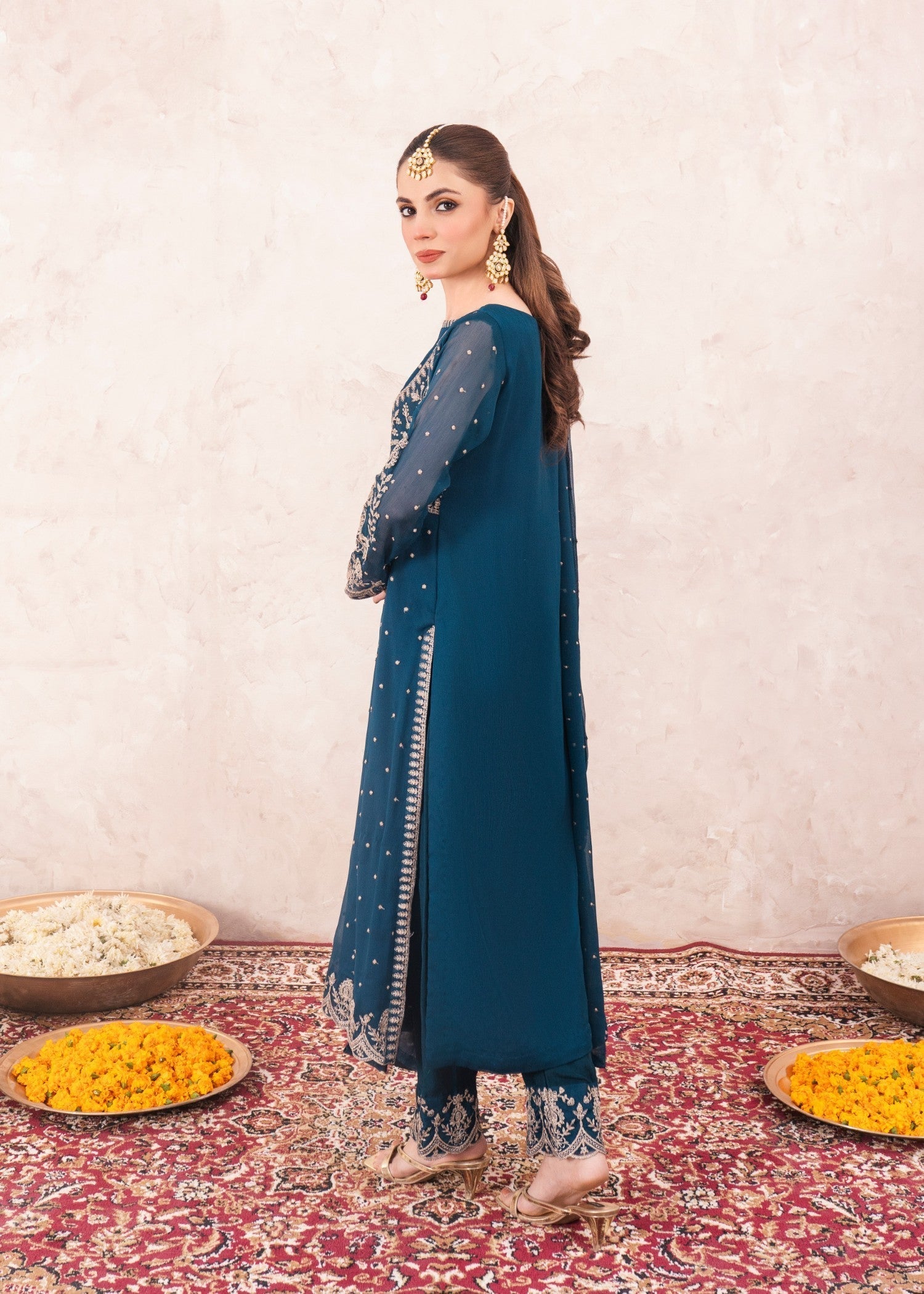 Teal Embroidered Chiffon Kurta Set (3-Piece) - Image 3