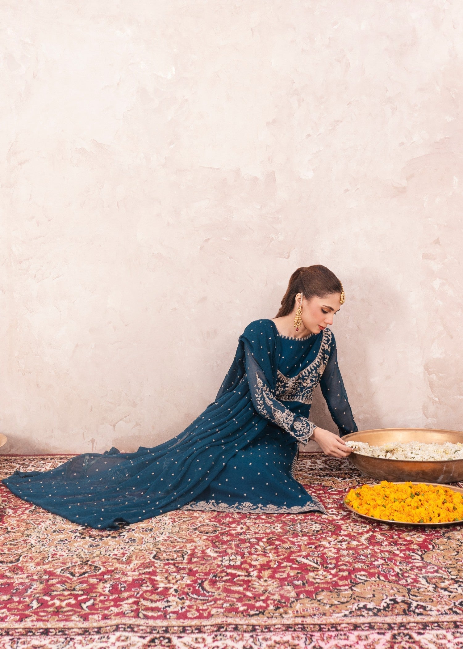 Teal Embroidered Chiffon Kurta Set (3-Piece) - Image 4