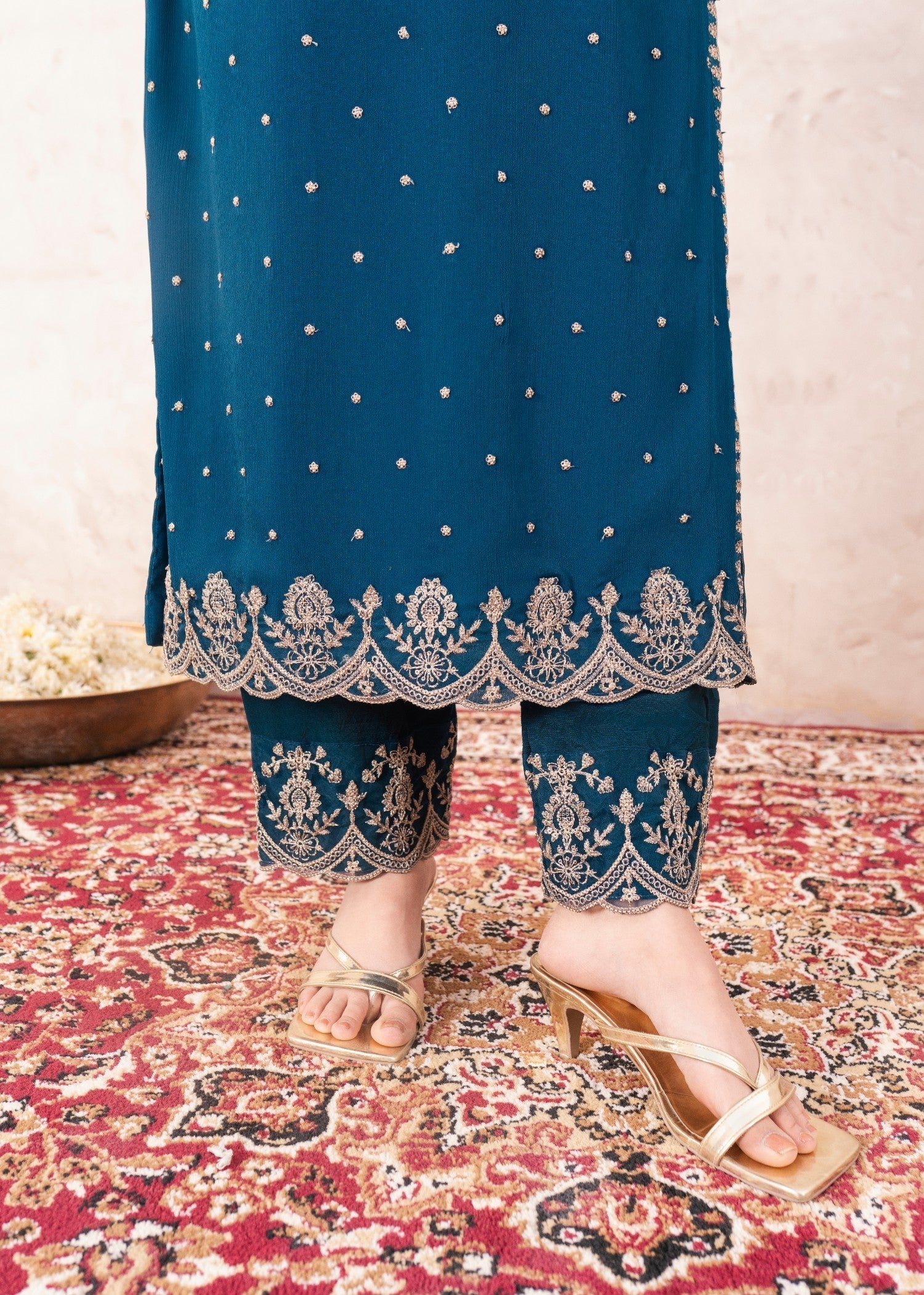 Teal Embroidered Chiffon Kurta Set (3-Piece) - Image 7