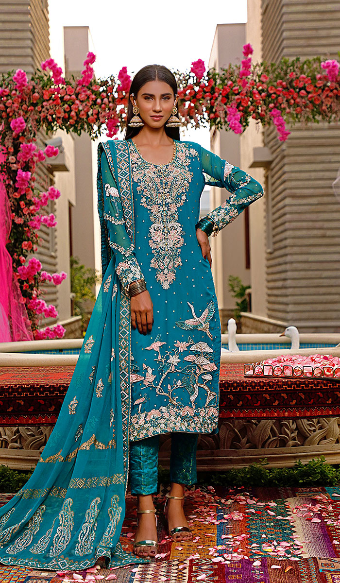 Pakistani Teal Embroidered Salwar Kameez (3-Piece) - Image 1