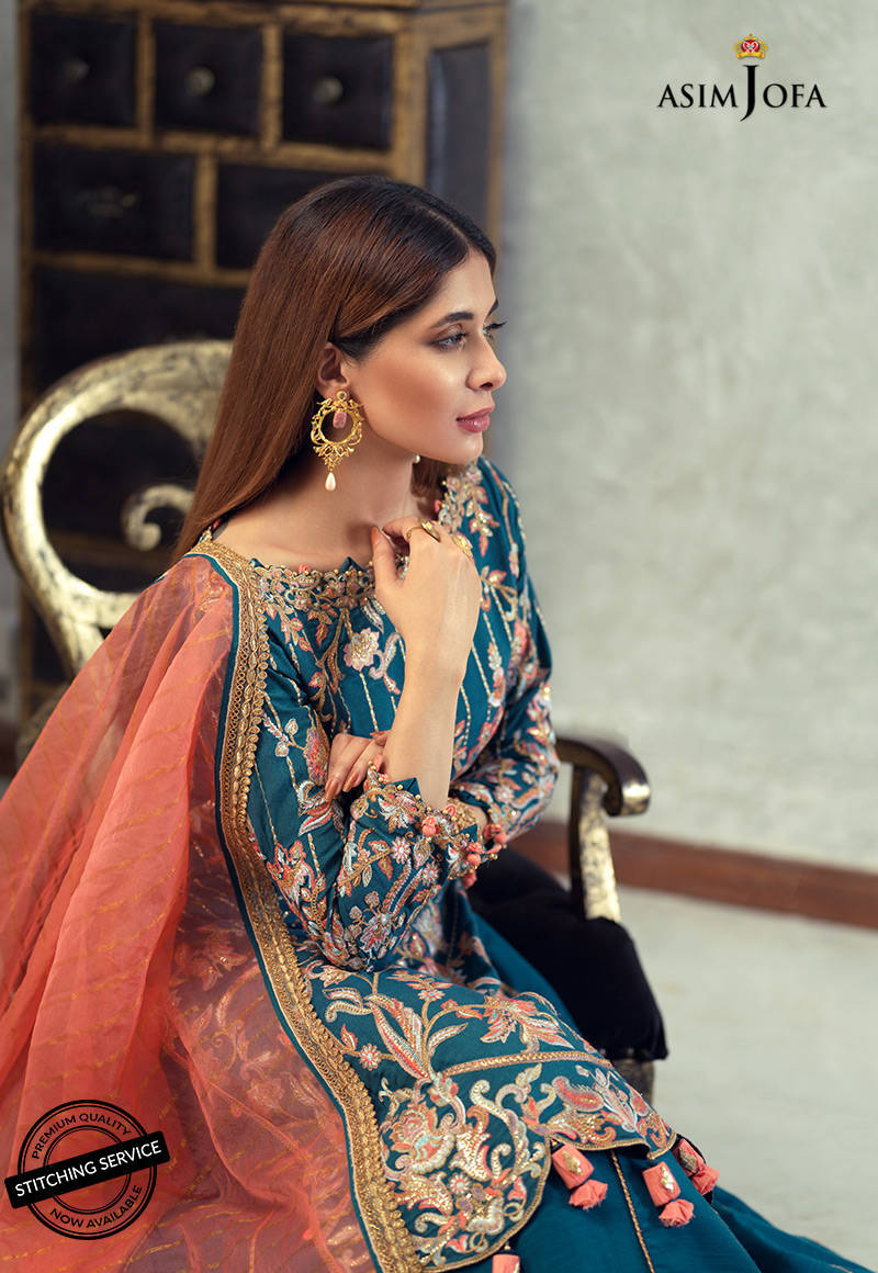 Pakistani Teal Embroidered Cotton Net 3-Piece Suit - Image 2