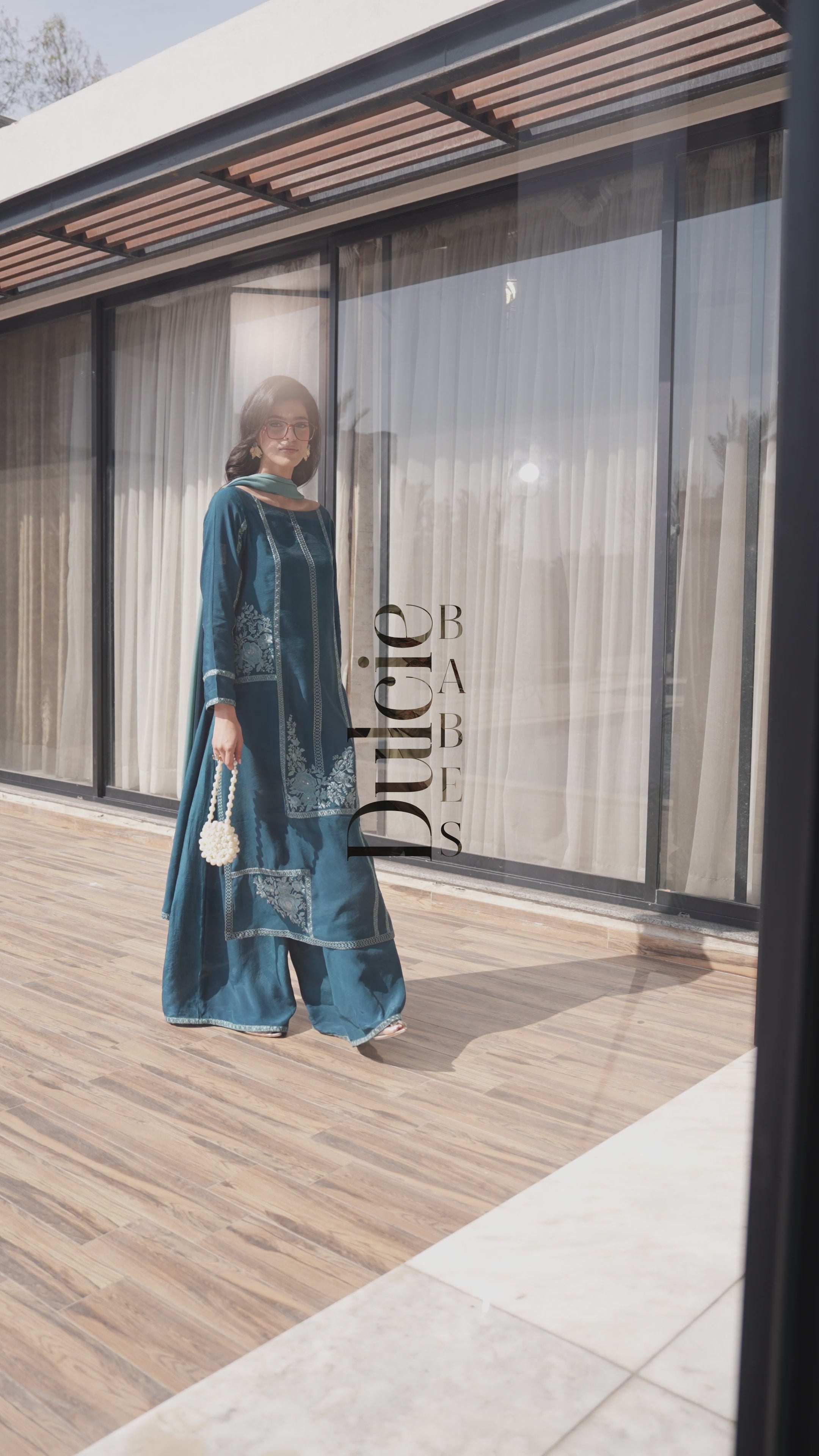 Pakistani Midnight Teal Embroidered Cotton Net Salwar Kameez (3-Piece) - Image 10