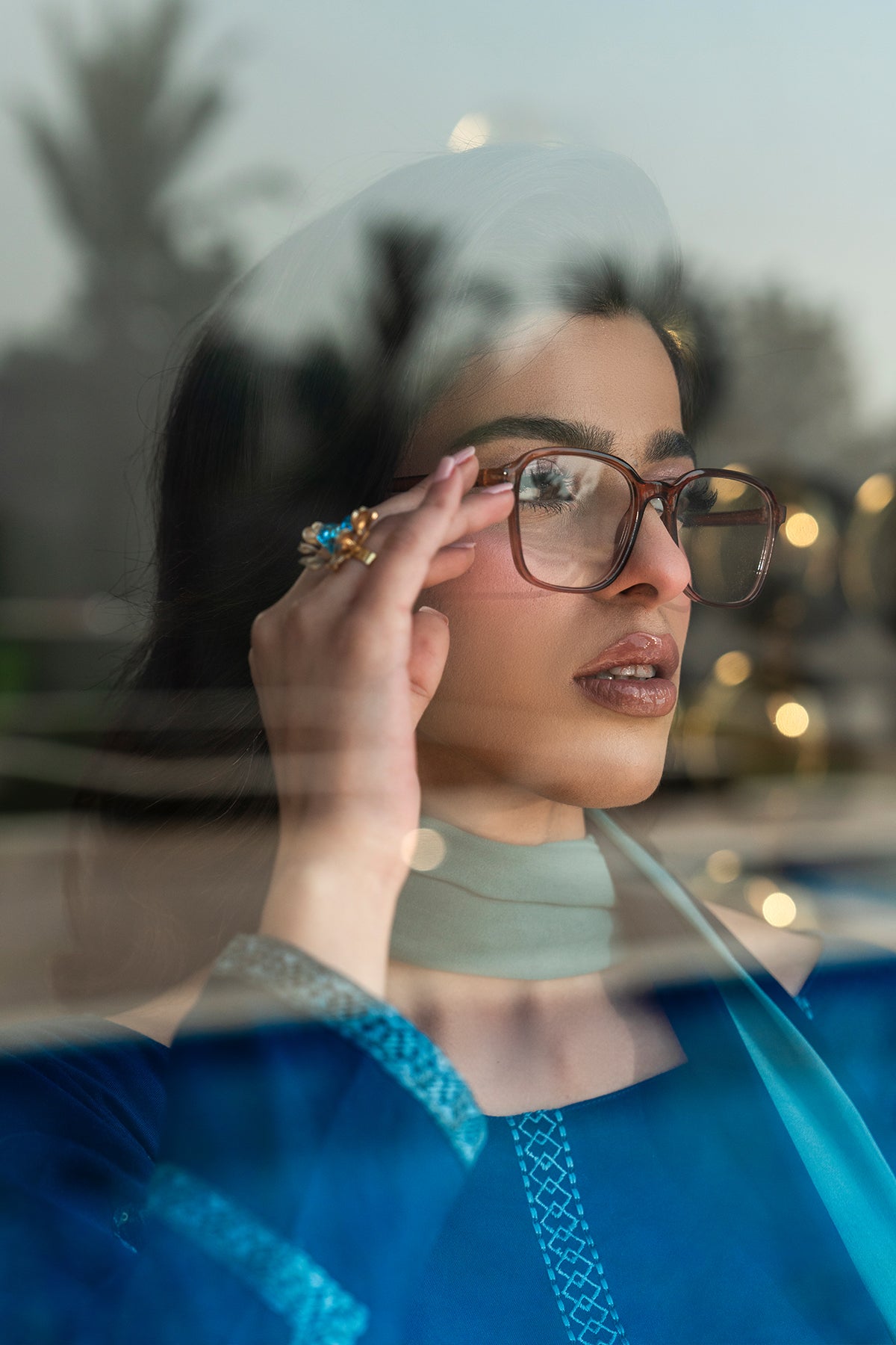 Pakistani Midnight Teal Embroidered Cotton Net Salwar Kameez (3-Piece) - Image 3