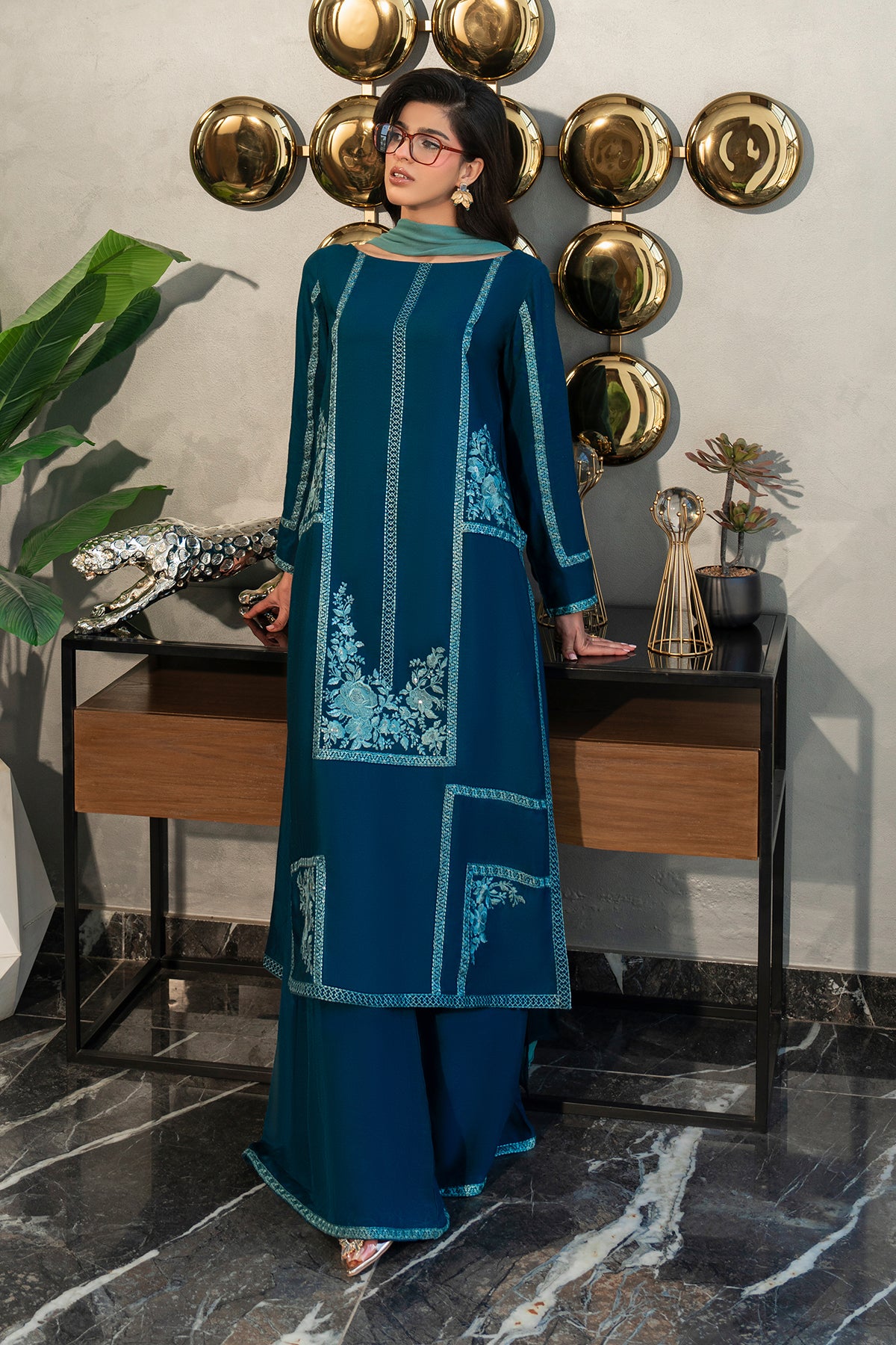 Pakistani Midnight Teal Embroidered Cotton Net Salwar Kameez (3-Piece) - Image 6
