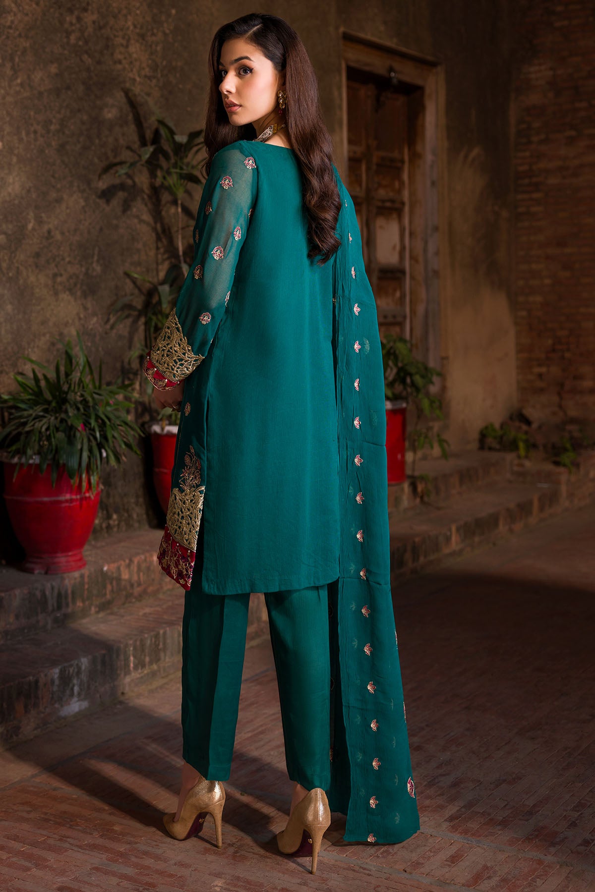 Pakistani Teal Embroidered Cotton Net Salwar Kameez (3-Piece) - Image 2