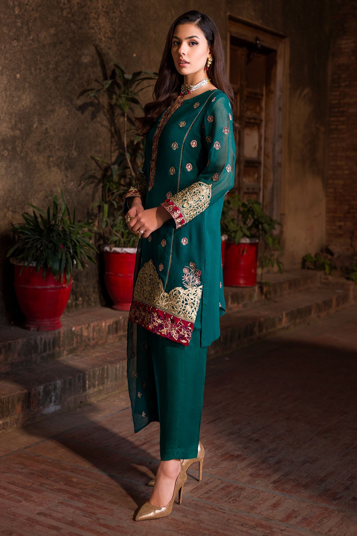 Pakistani Teal Embroidered Cotton Net Salwar Kameez (3-Piece) - Image 3