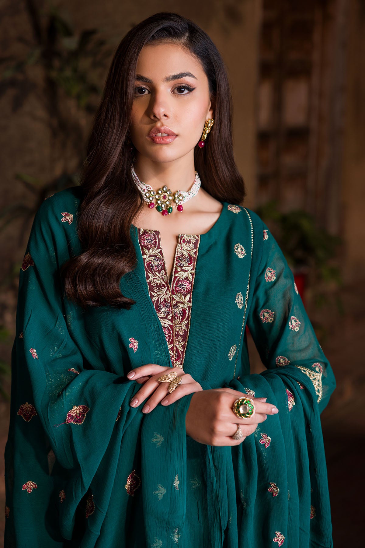Pakistani Teal Embroidered Cotton Net Salwar Kameez (3-Piece) - Image 4
