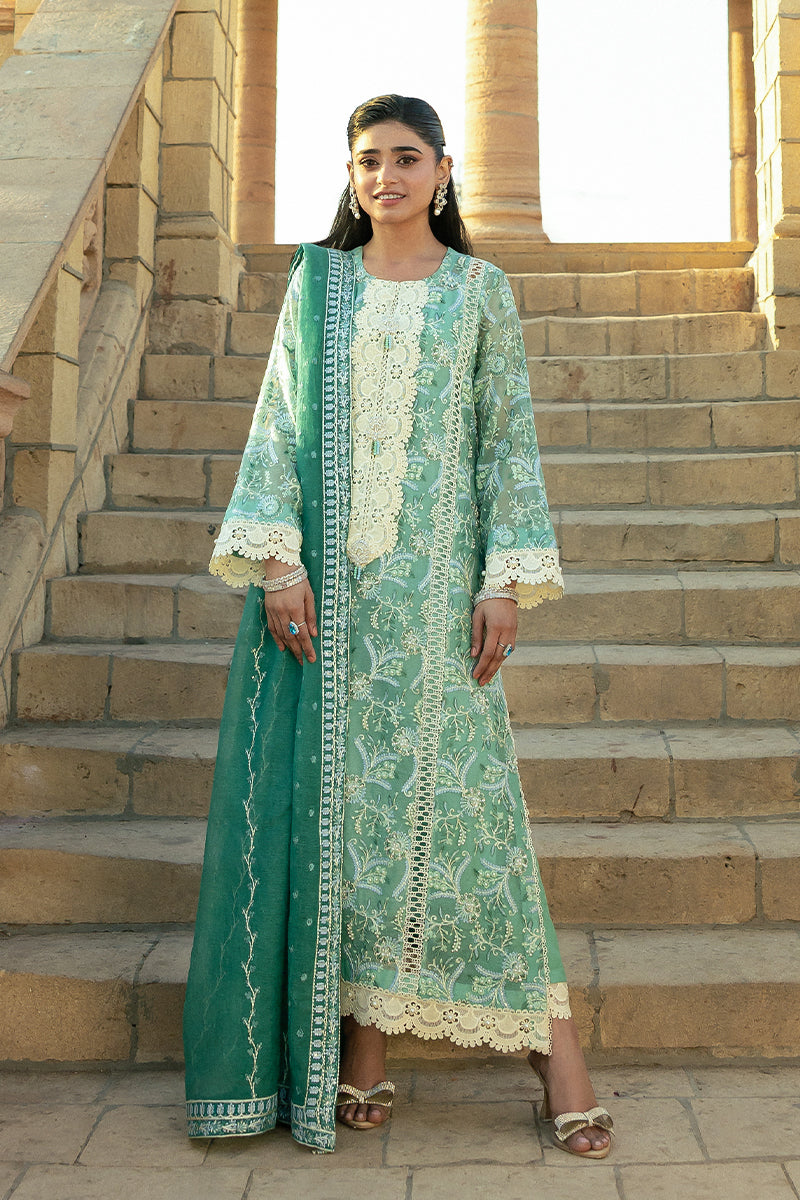 Teal Embroidered Cotton Net Salwar Kameez (3-Piece) - Image 1