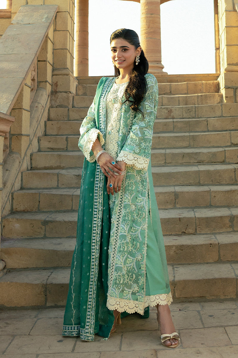 Teal Embroidered Cotton Net Salwar Kameez (3-Piece) - Image 10