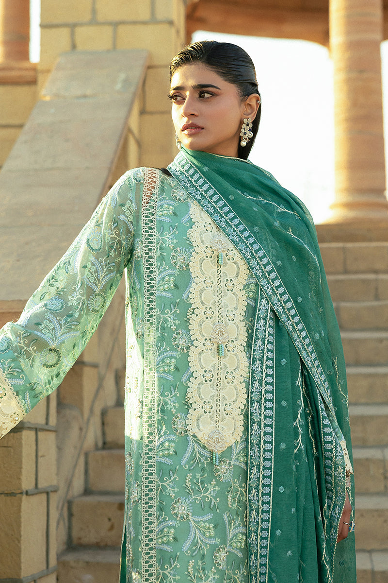 Teal Embroidered Cotton Net Salwar Kameez (3-Piece) - Image 11