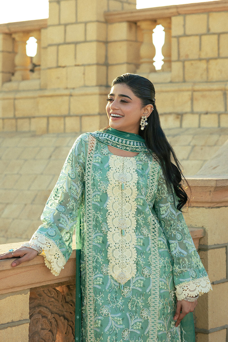Teal Embroidered Cotton Net Salwar Kameez (3-Piece) - Image 12