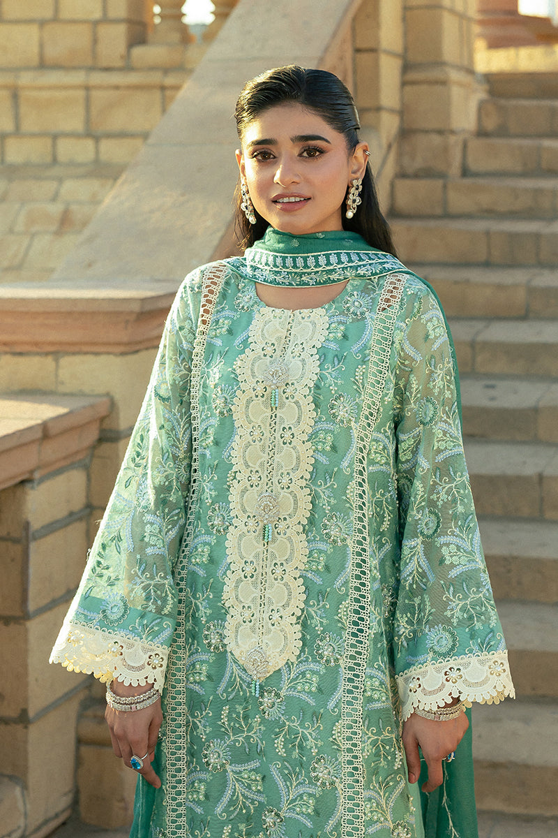 Teal Embroidered Cotton Net Salwar Kameez (3-Piece) - Image 2